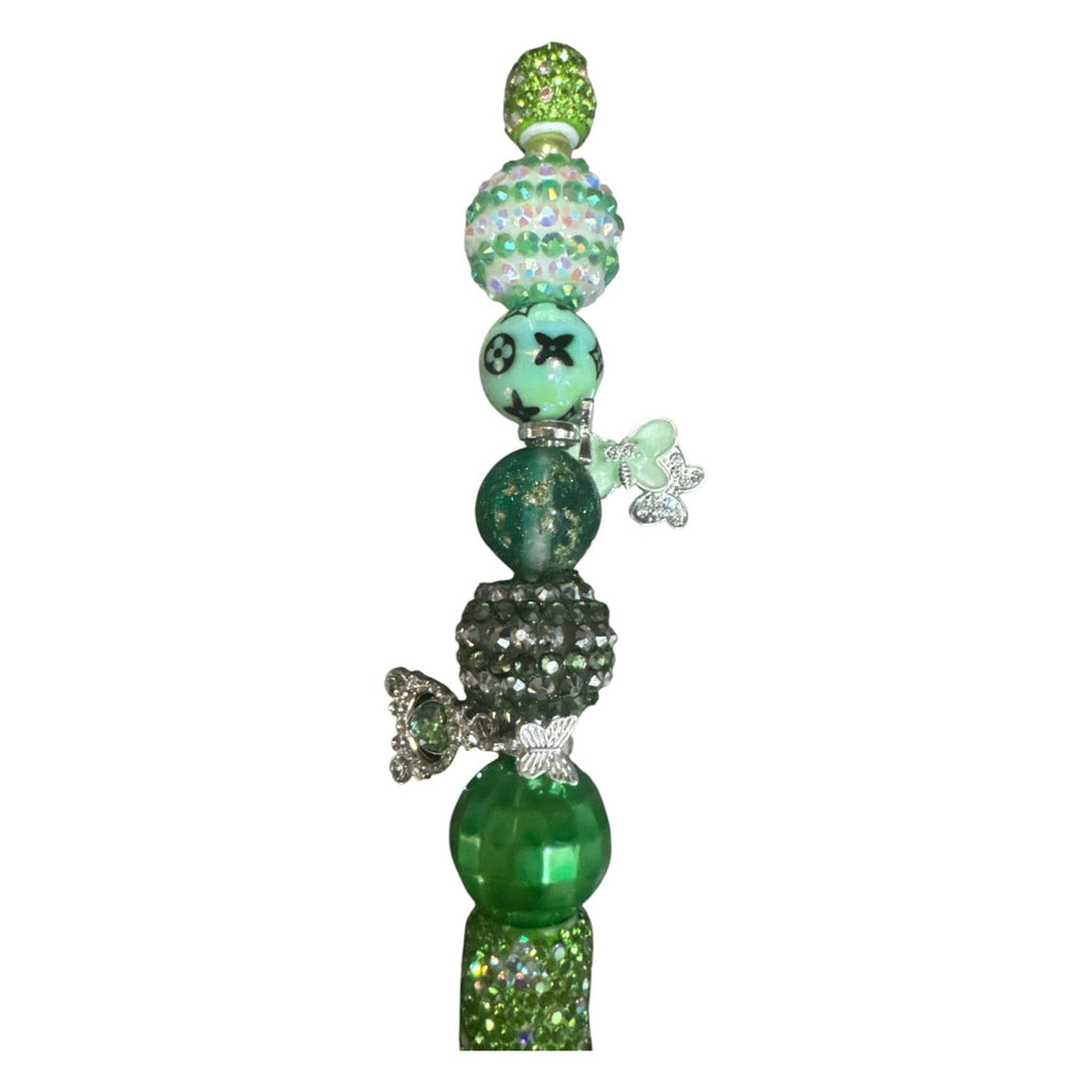 Beaded Green Ballpoint Pen With Rhinestones & Silver Butterfly Charms – Elegant Writing Tool For Office Journaling or Gifting.