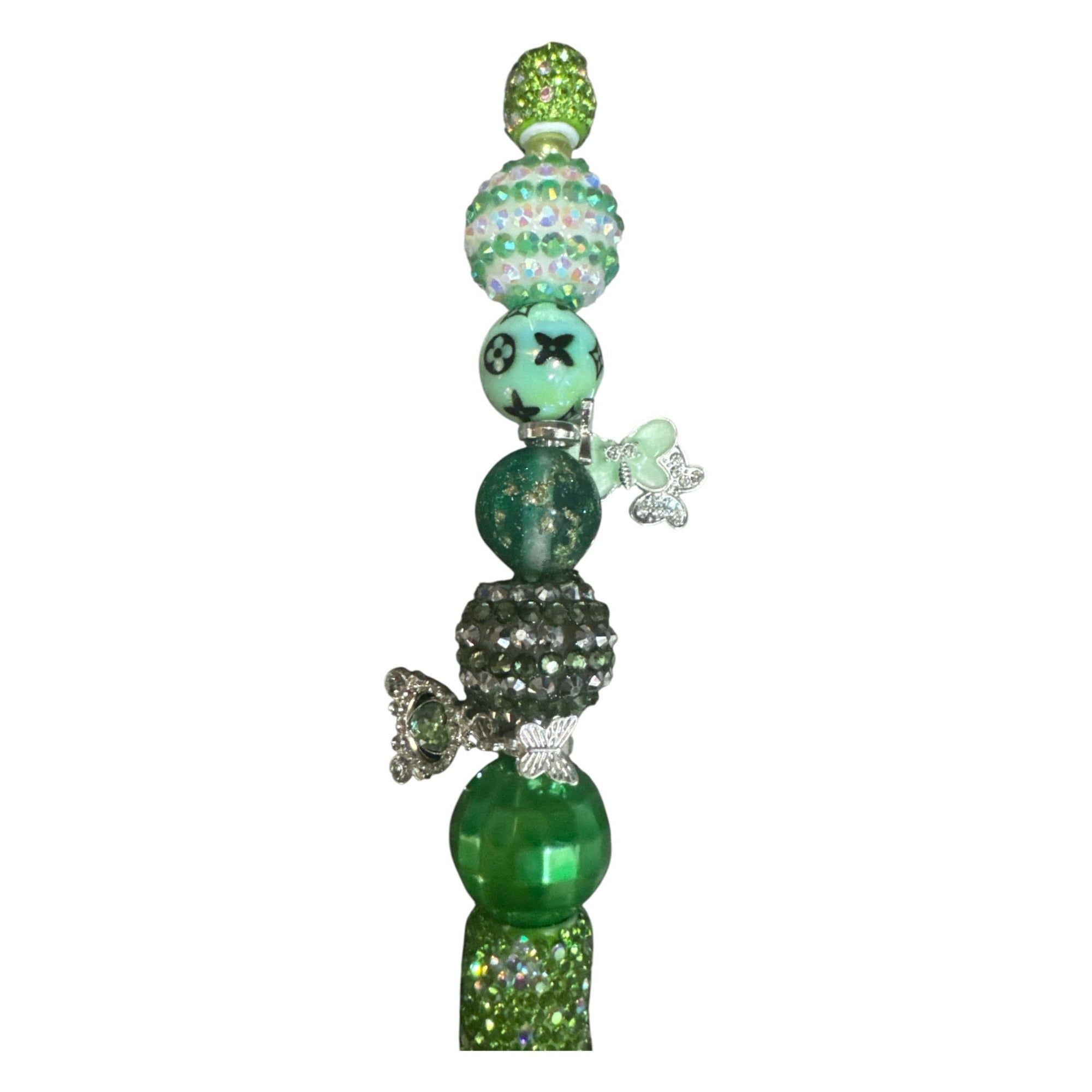 Beaded Green Ballpoint Pen With Rhinestones & Silver Butterfly Charms – Elegant Writing Tool For Office Journaling or Gifting.