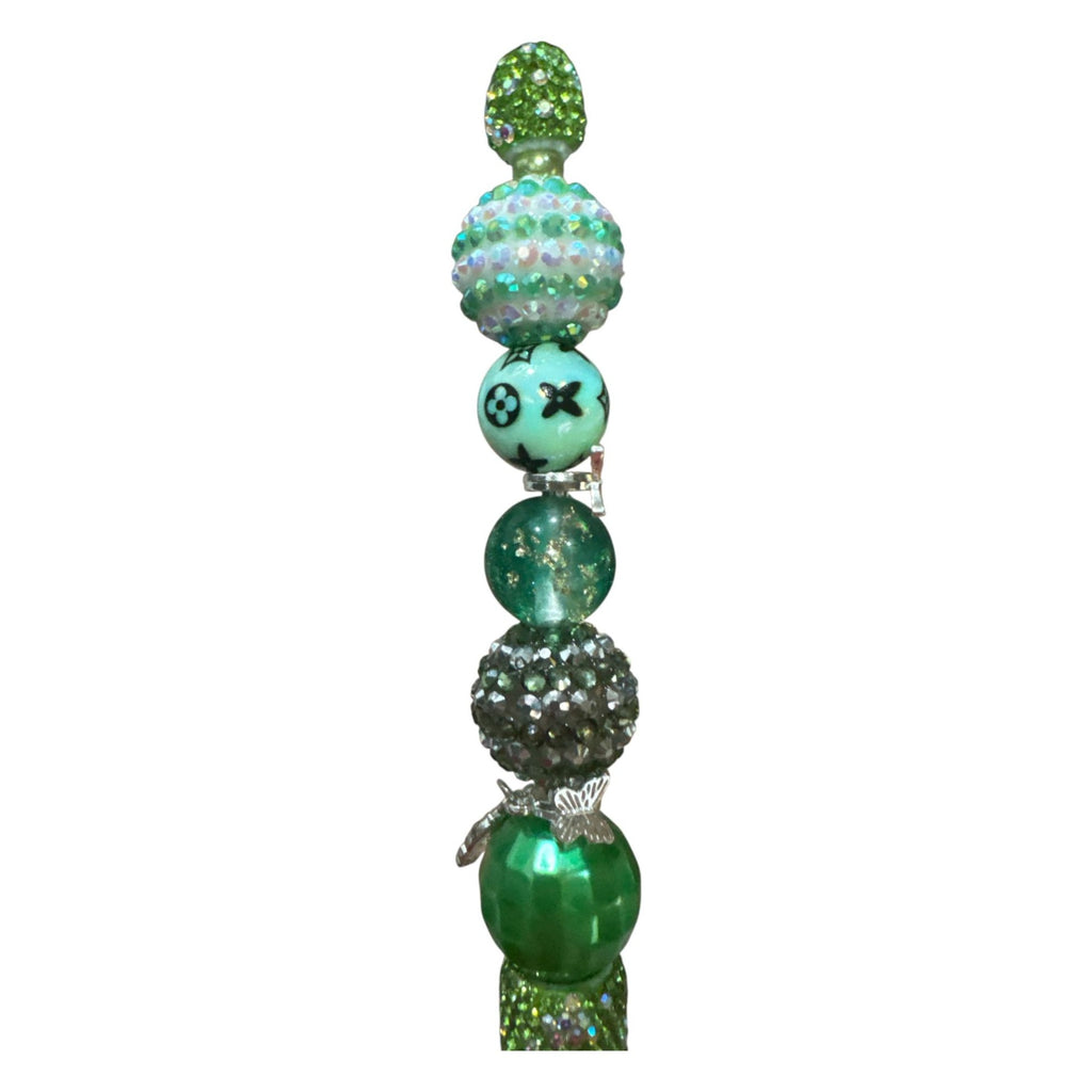 Beaded Green Ballpoint Pen With Rhinestones & Silver Butterfly Charms – Elegant Writing Tool For Office Journaling or Gifting.