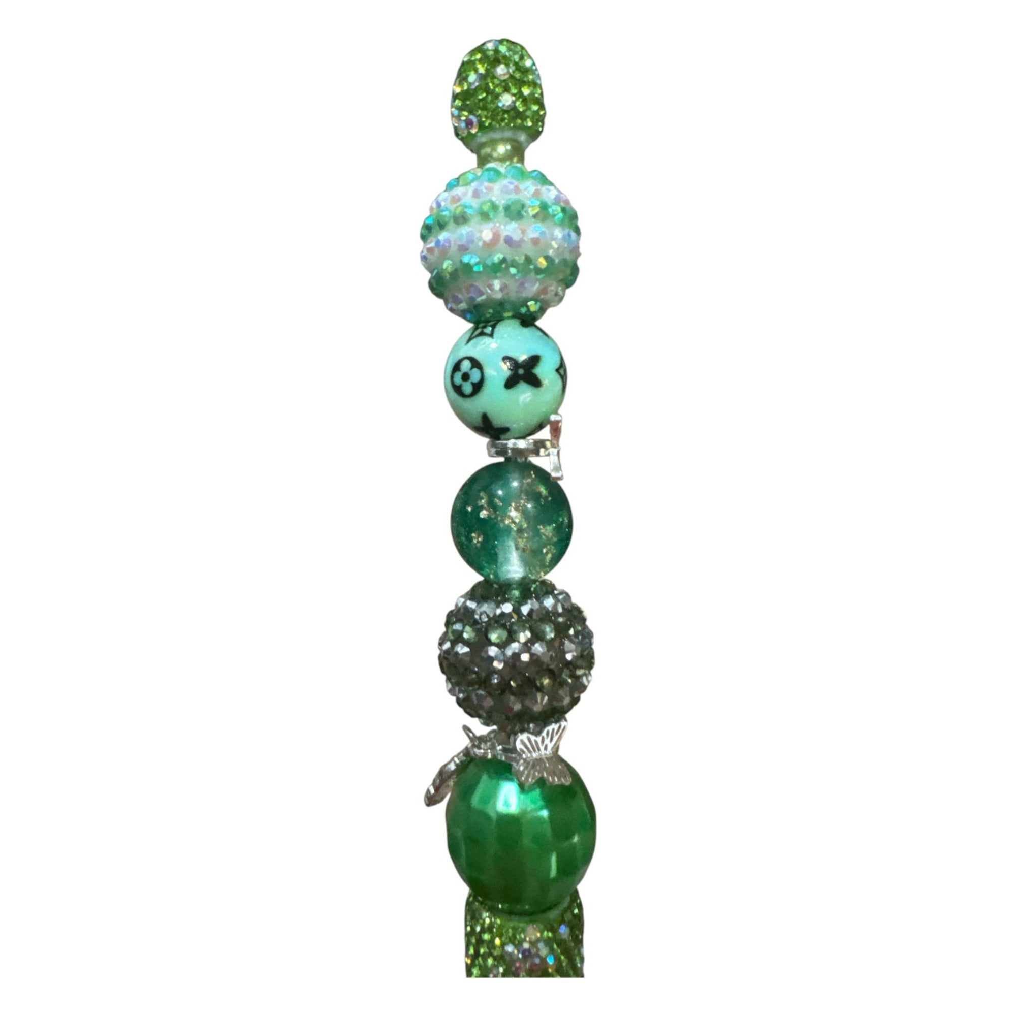 Beaded Green Ballpoint Pen With Rhinestones & Silver Butterfly Charms – Elegant Writing Tool For Office Journaling or Gifting.