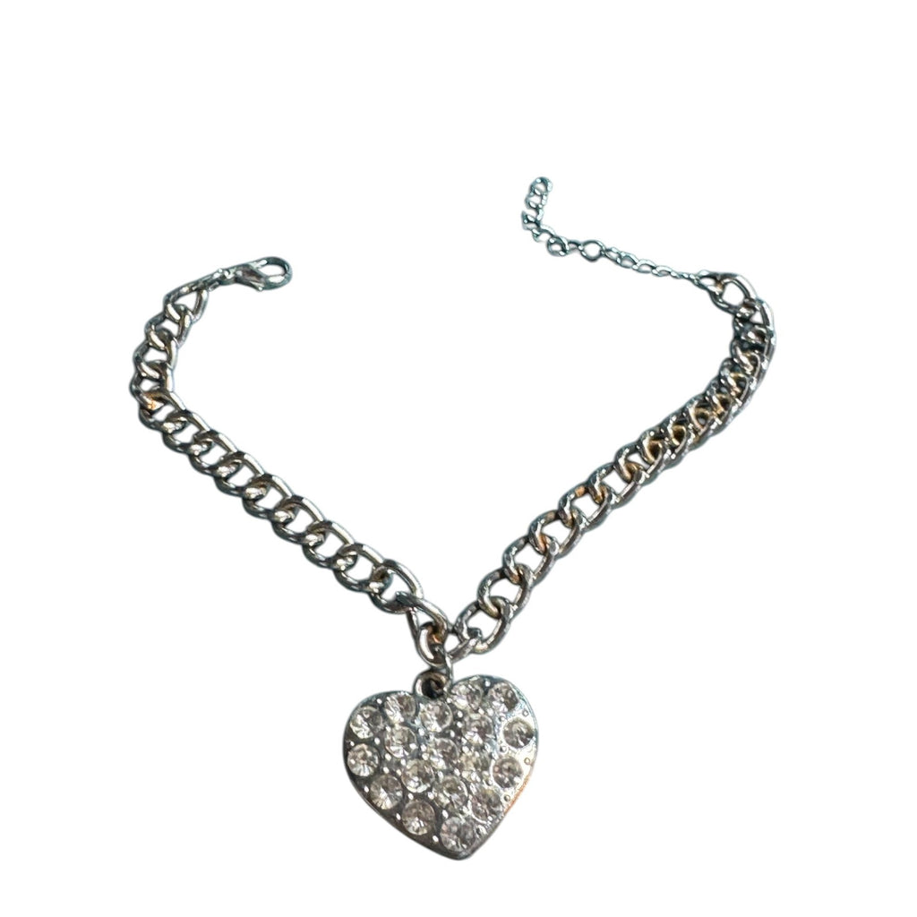 Silver Tone Heart Charm Bracelet Rhinestone Pave Sparkly Chain Adjustable Women’s Jewelry