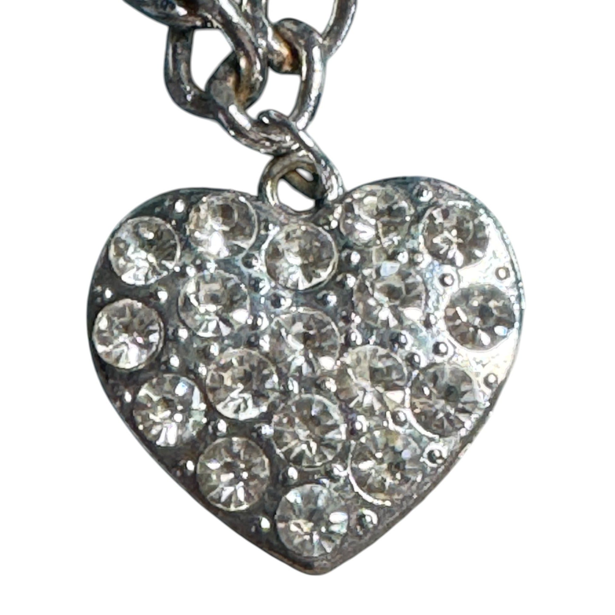 Silver Tone Heart Charm Bracelet Rhinestone Pave Sparkly Chain Adjustable Women’s Jewelry