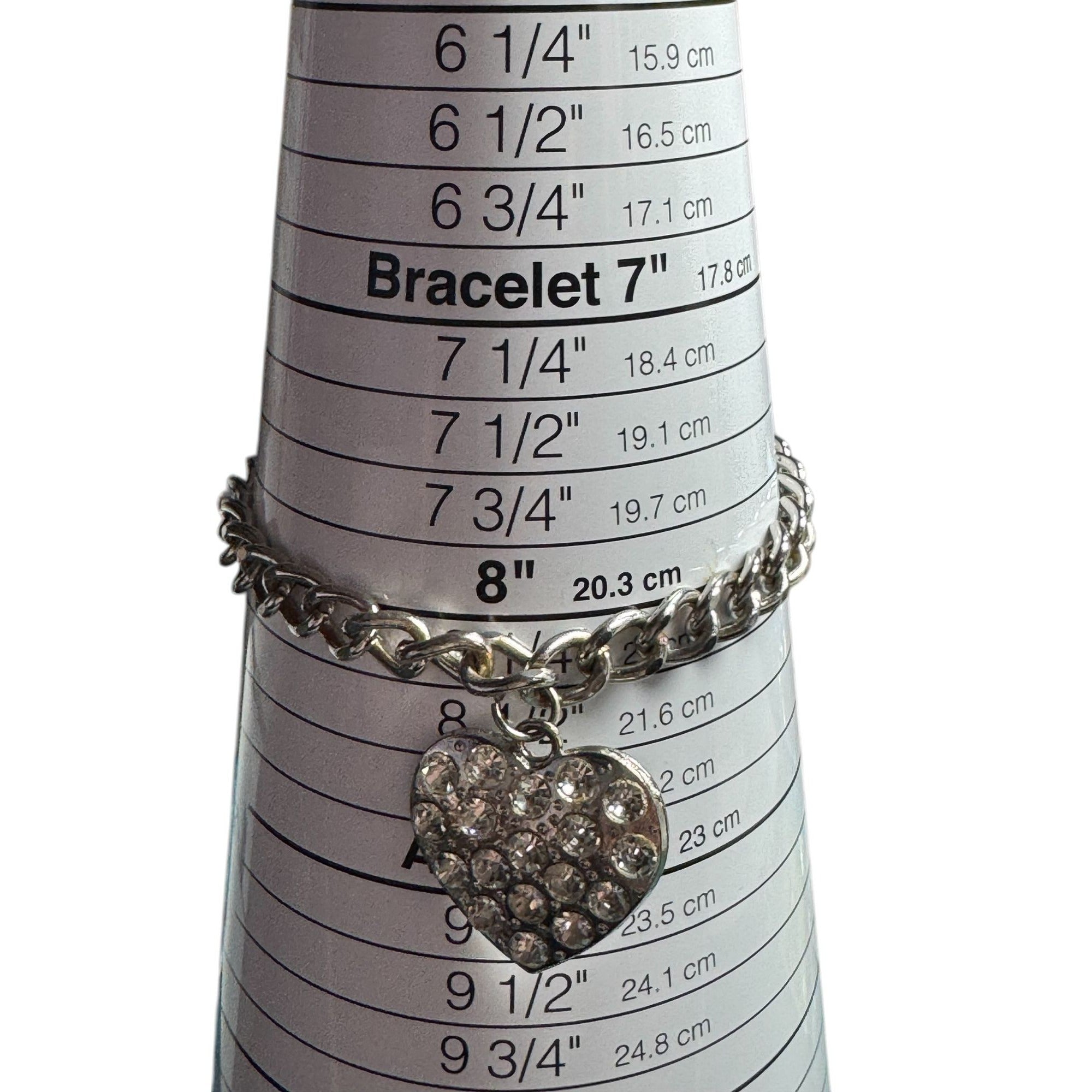 Silver Tone Heart Charm Bracelet Rhinestone Pave Sparkly Chain Adjustable Women’s Jewelry
