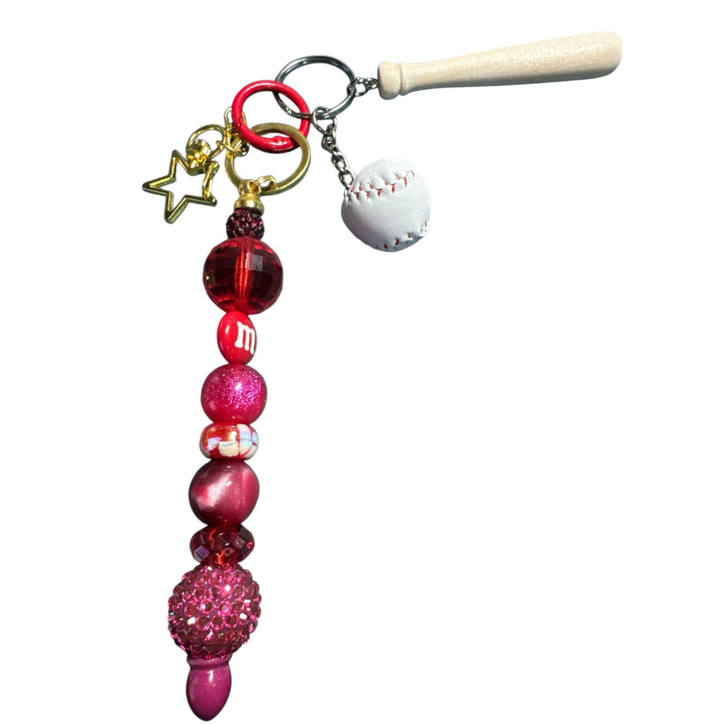 Baseball-Themed Keychain With Beaded Charm Mini Bat & Ball Gold Star Red Accents For Backpacks Or Bags