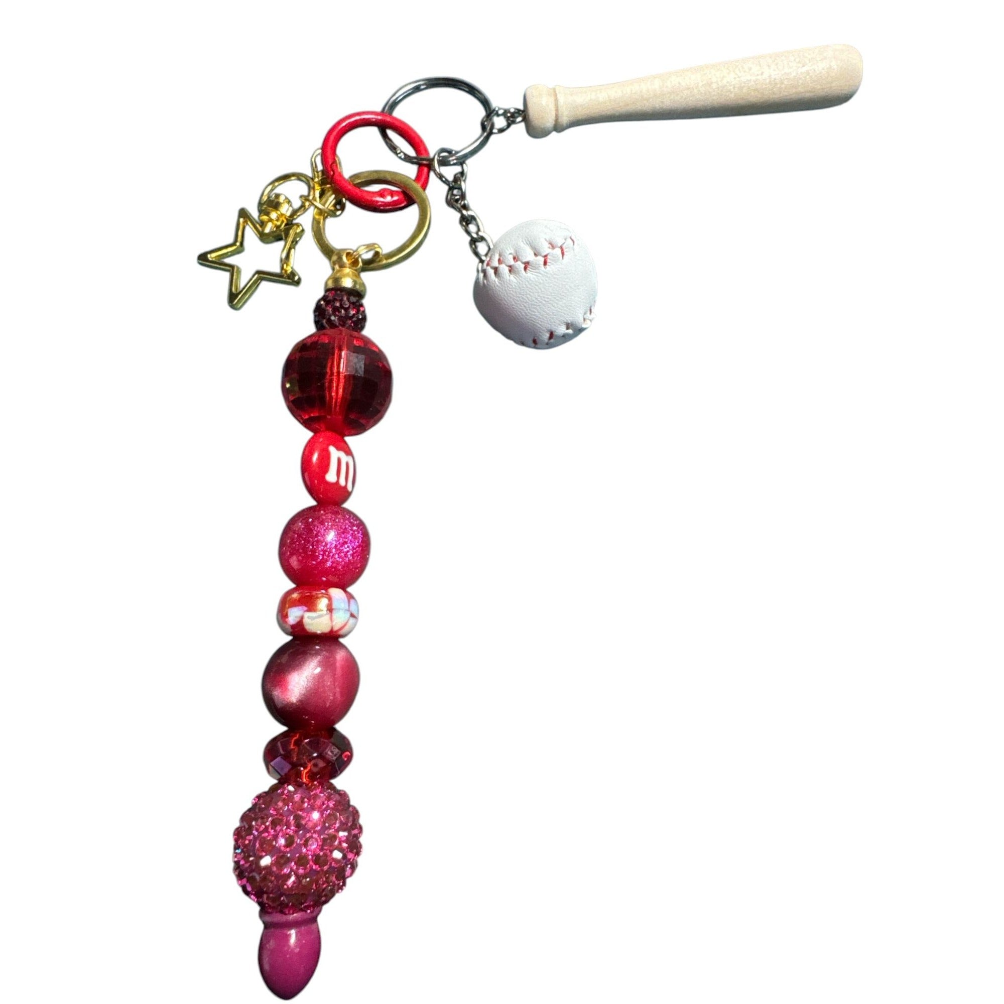 Baseball-Themed Keychain With Beaded Charm Mini Bat & Ball Gold Star Red Accents For Backpacks Or Bags