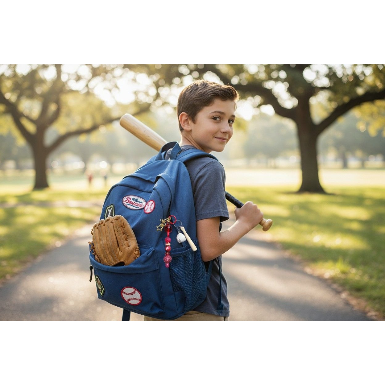 Baseball-Themed Keychain With Beaded Charm Mini Bat & Ball Gold Star Red Accents For Backpacks Or Bags
