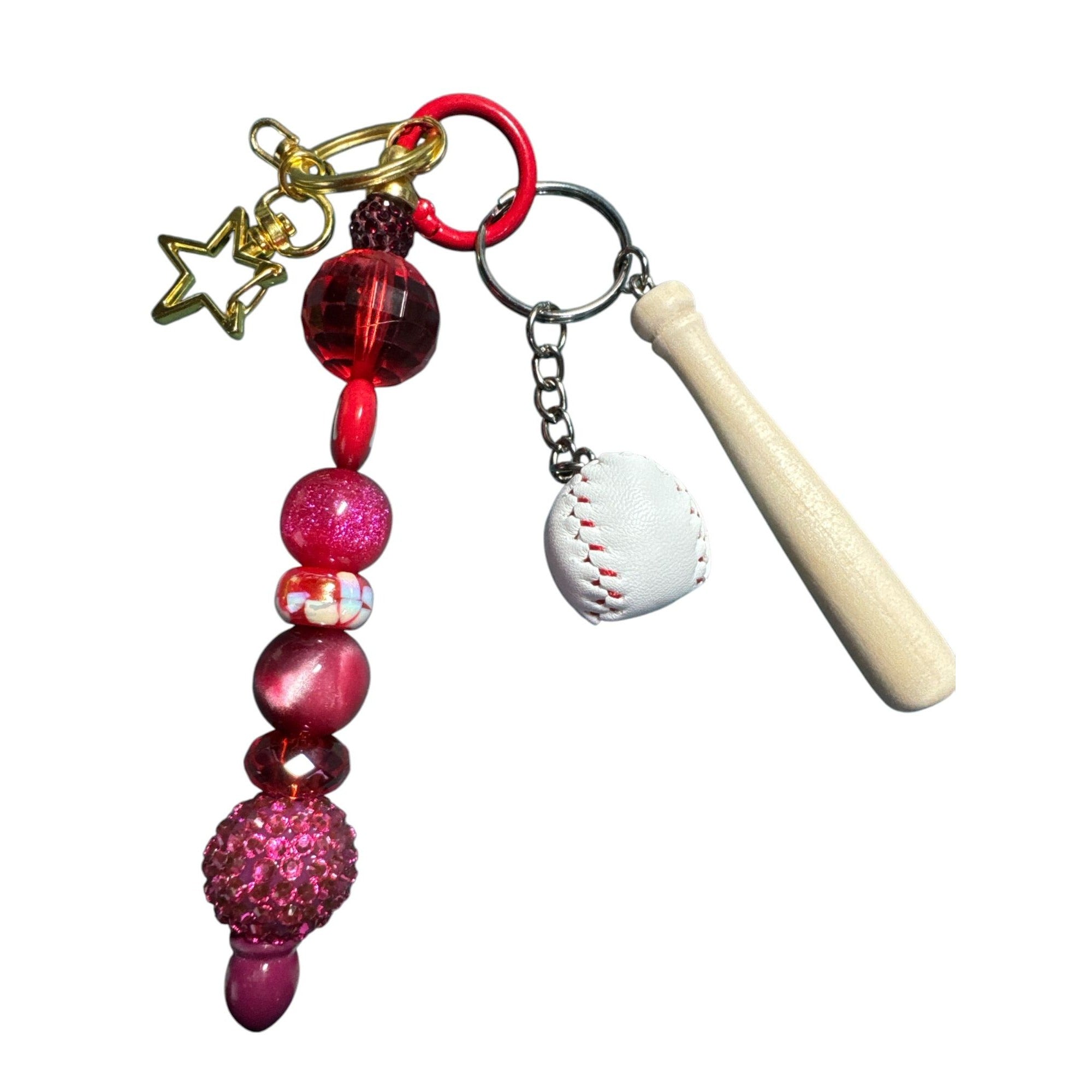 Baseball-Themed Keychain With Beaded Charm Mini Bat & Ball Gold Star Red Accents For Backpacks Or Bags