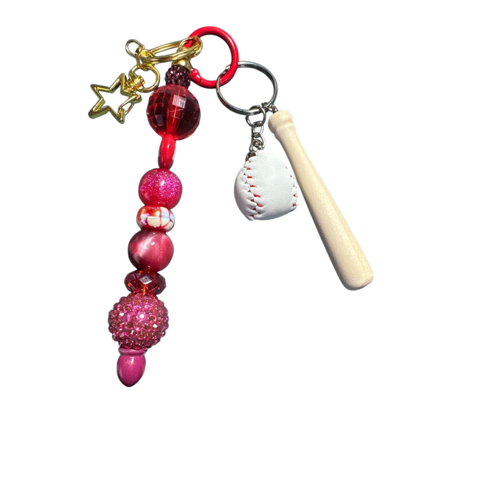Baseball-Themed Keychain With Beaded Charm Mini Bat & Ball Gold Star Red Accents For Backpacks Or Bags