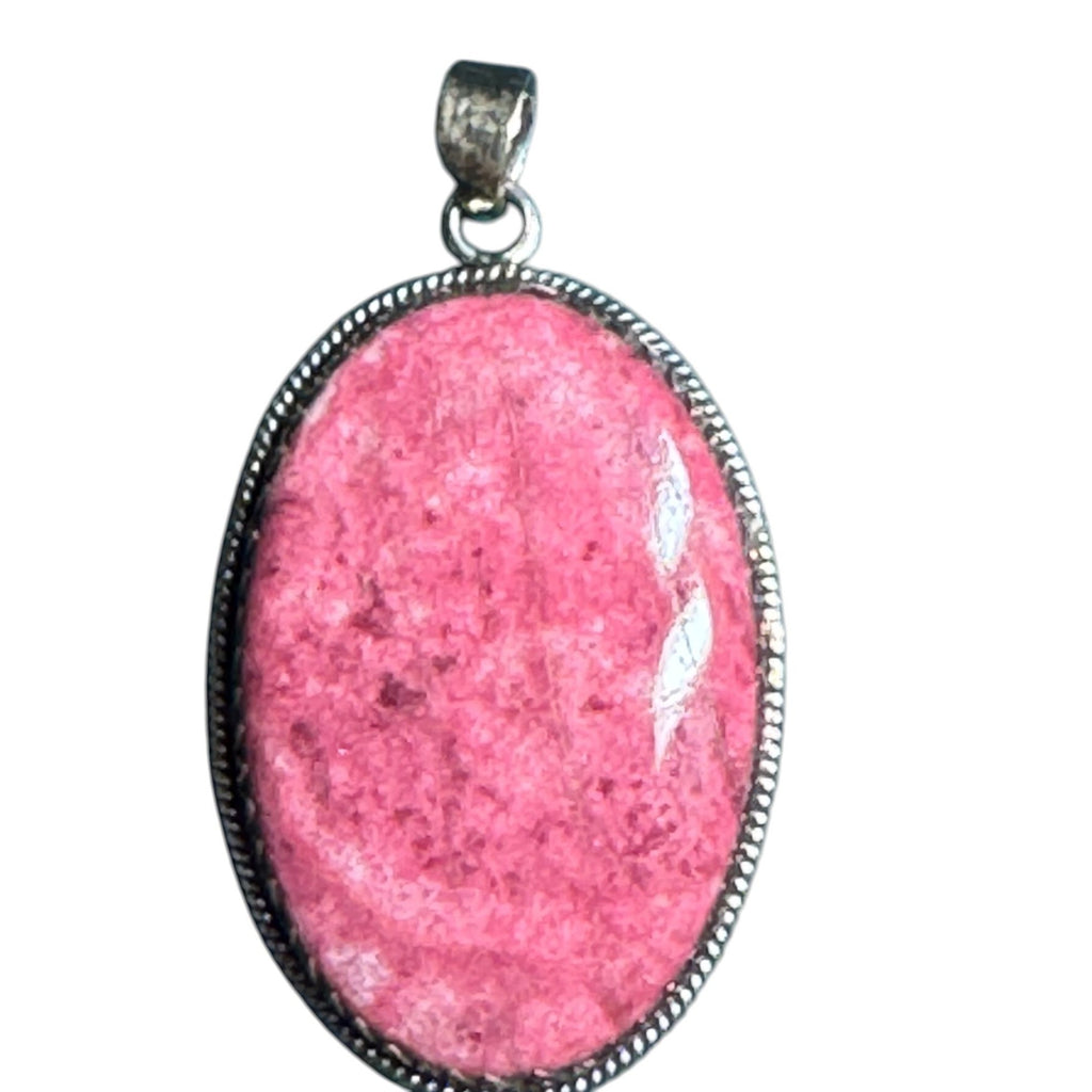 Sterling Silver & Pink Rhodonite Oval Pendant Necklace 925 Stamped Boho Jewelry