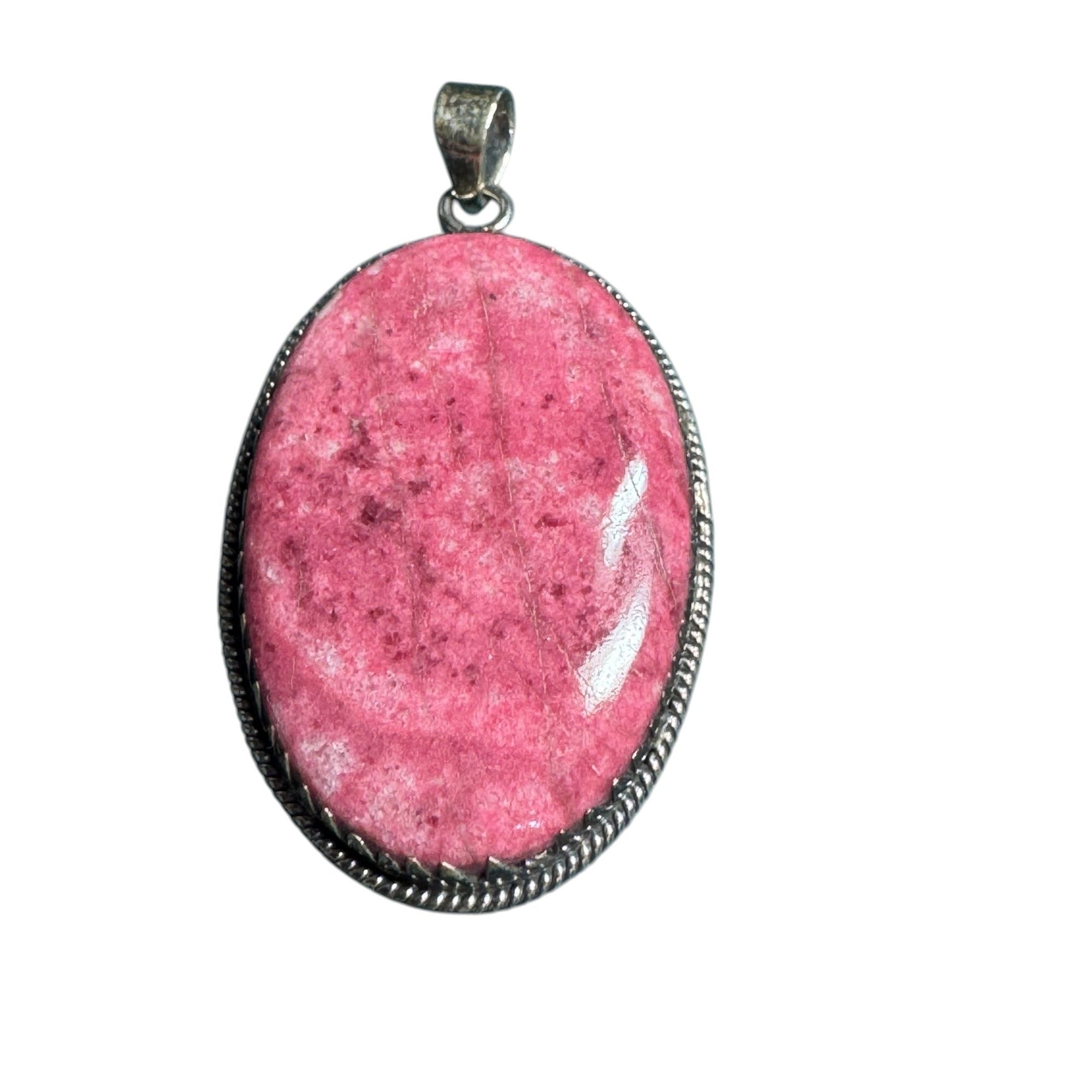 Sterling Silver & Pink Rhodonite Oval Pendant Necklace 925 Stamped Boho Jewelry