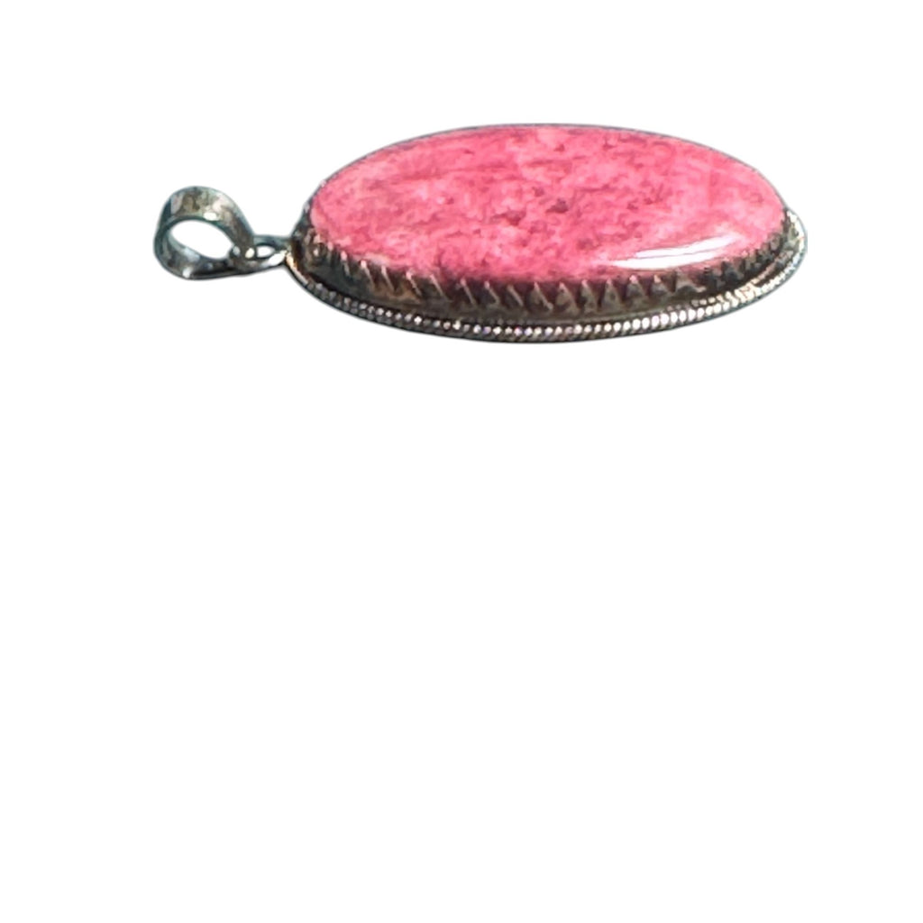 Sterling Silver & Pink Rhodonite Oval Pendant Necklace 925 Stamped Boho Jewelry