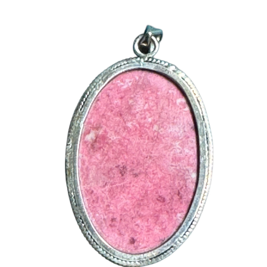 Sterling Silver & Pink Rhodonite Oval Pendant Necklace 925 Stamped Boho Jewelry