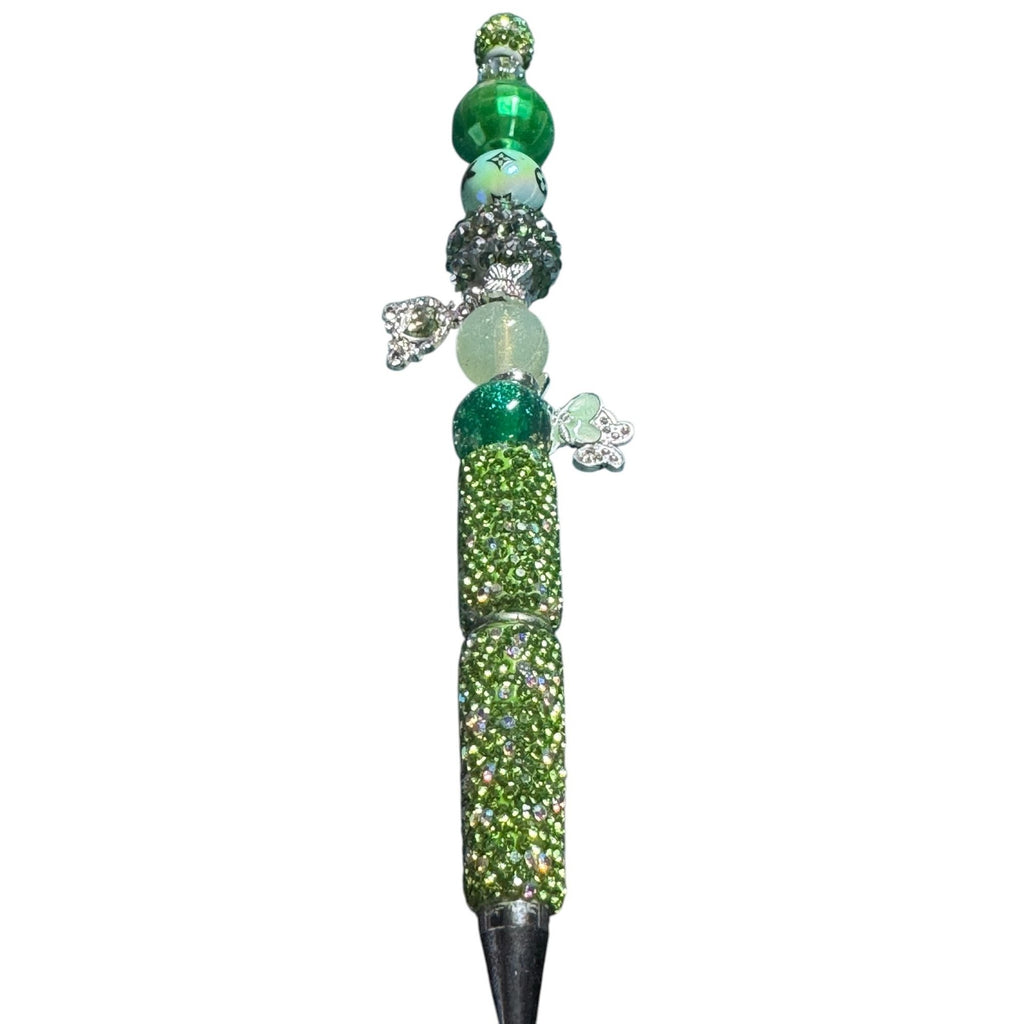 Beaded Green Rhinestone Pen with Charms & Butterfly Accents Handmade Gift for Writing or Journaling