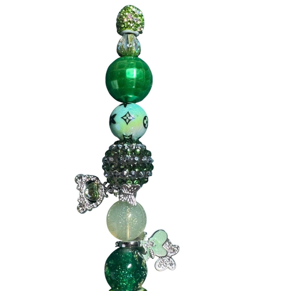 Beaded Green Rhinestone Pen with Charms & Butterfly Accents Handmade Gift for Writing or Journaling