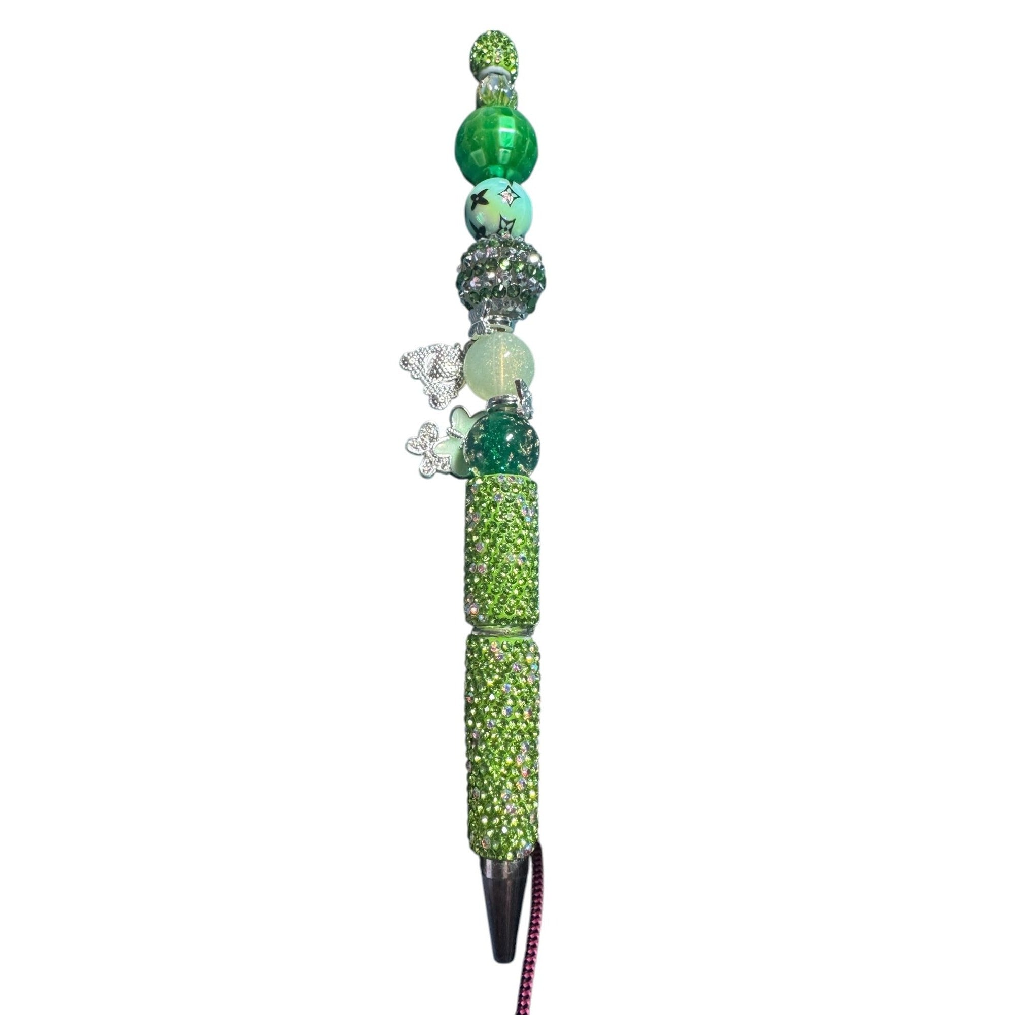 Beaded Green Rhinestone Pen with Charms & Butterfly Accents Handmade Gift for Writing or Journaling