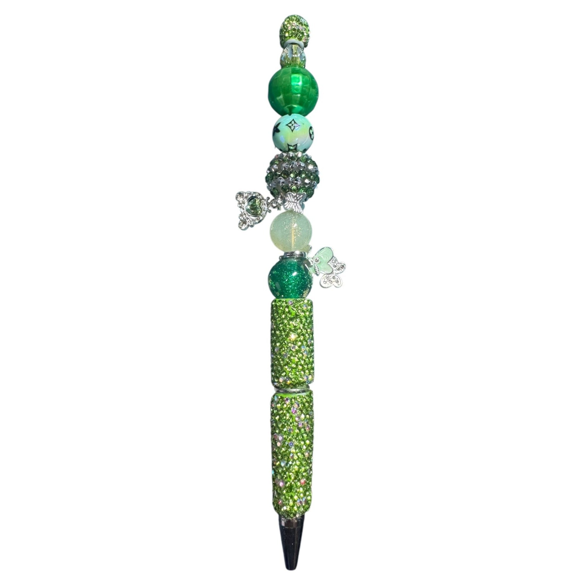 Beaded Green Rhinestone Pen with Charms & Butterfly Accents Handmade Gift for Writing or Journaling