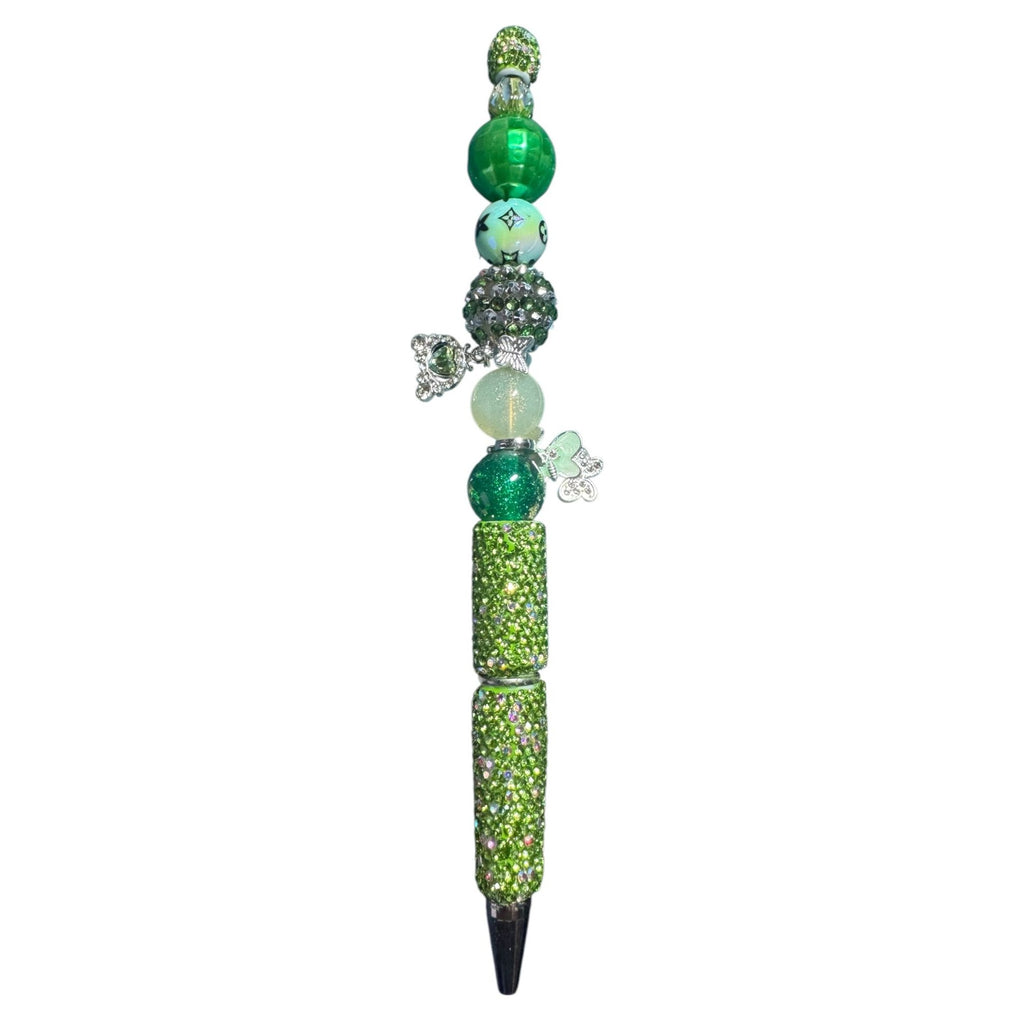 Beaded Green Rhinestone Pen with Charms & Butterfly Accents Handmade Gift for Writing or Journaling