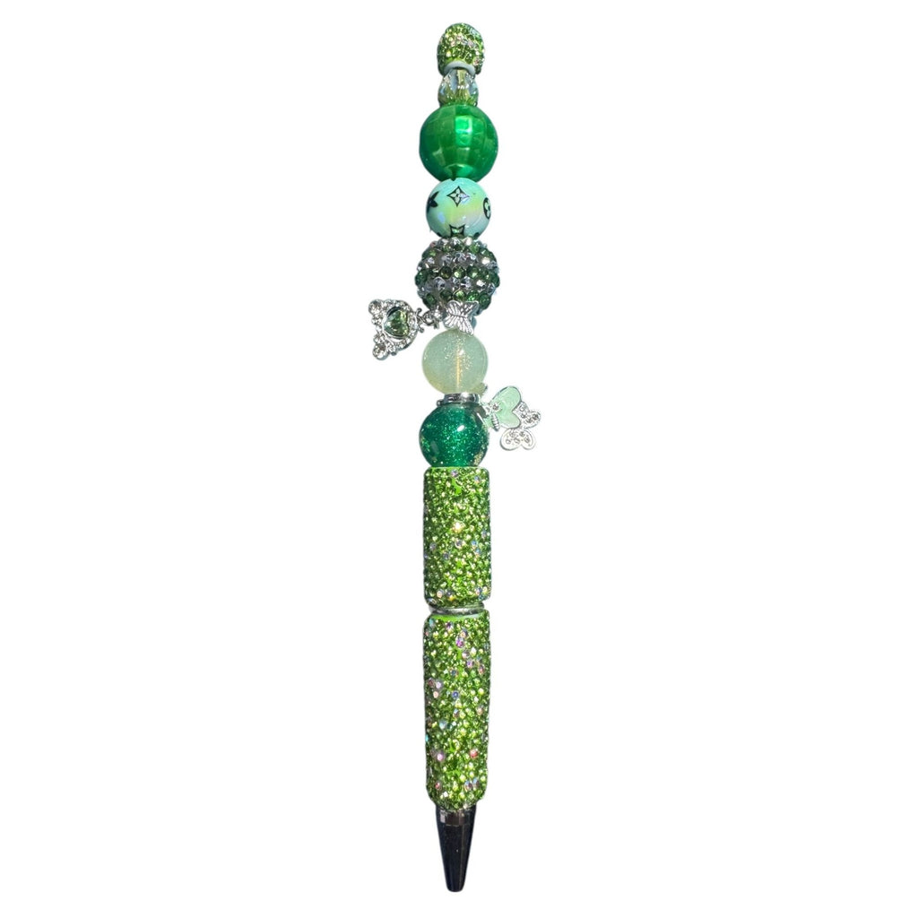 Beaded Green Rhinestone Pen with Charms & Butterfly Accents Handmade Gift for Writing or Journaling