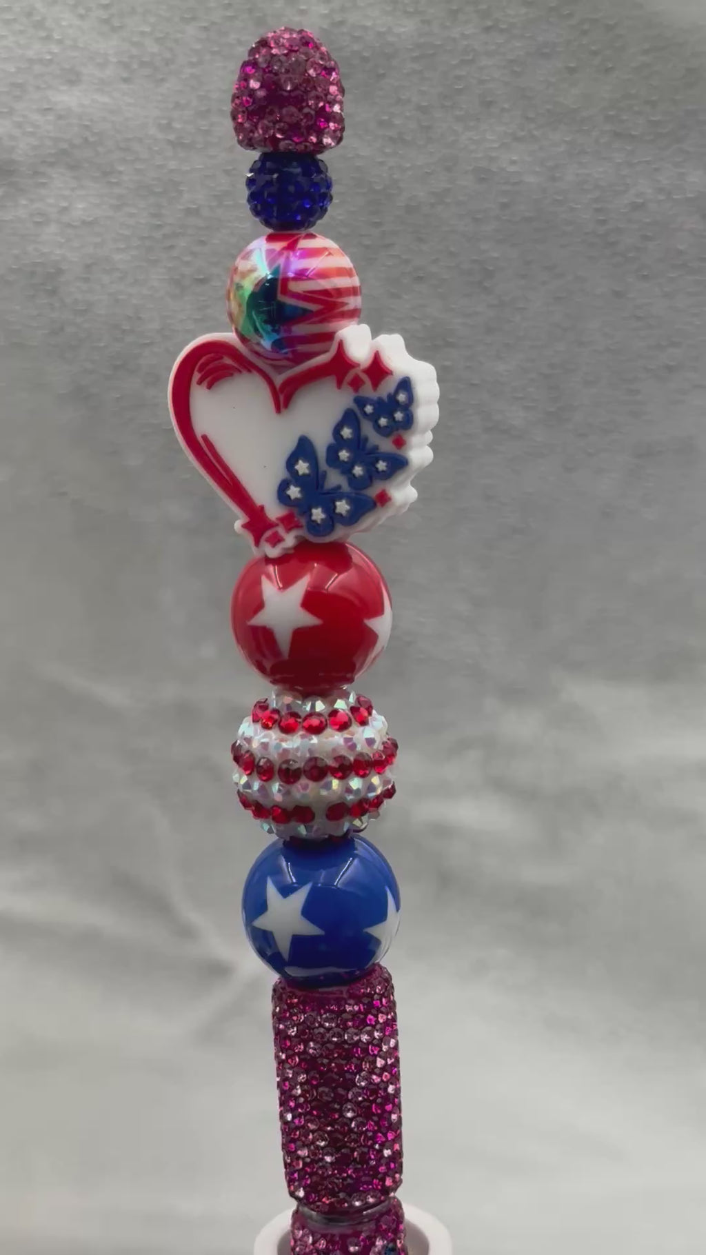 America Celebrates 250 years Patriotic Themed Beaded Ballpoint Pen With Glitter Accents & Red White Blue Star Designs