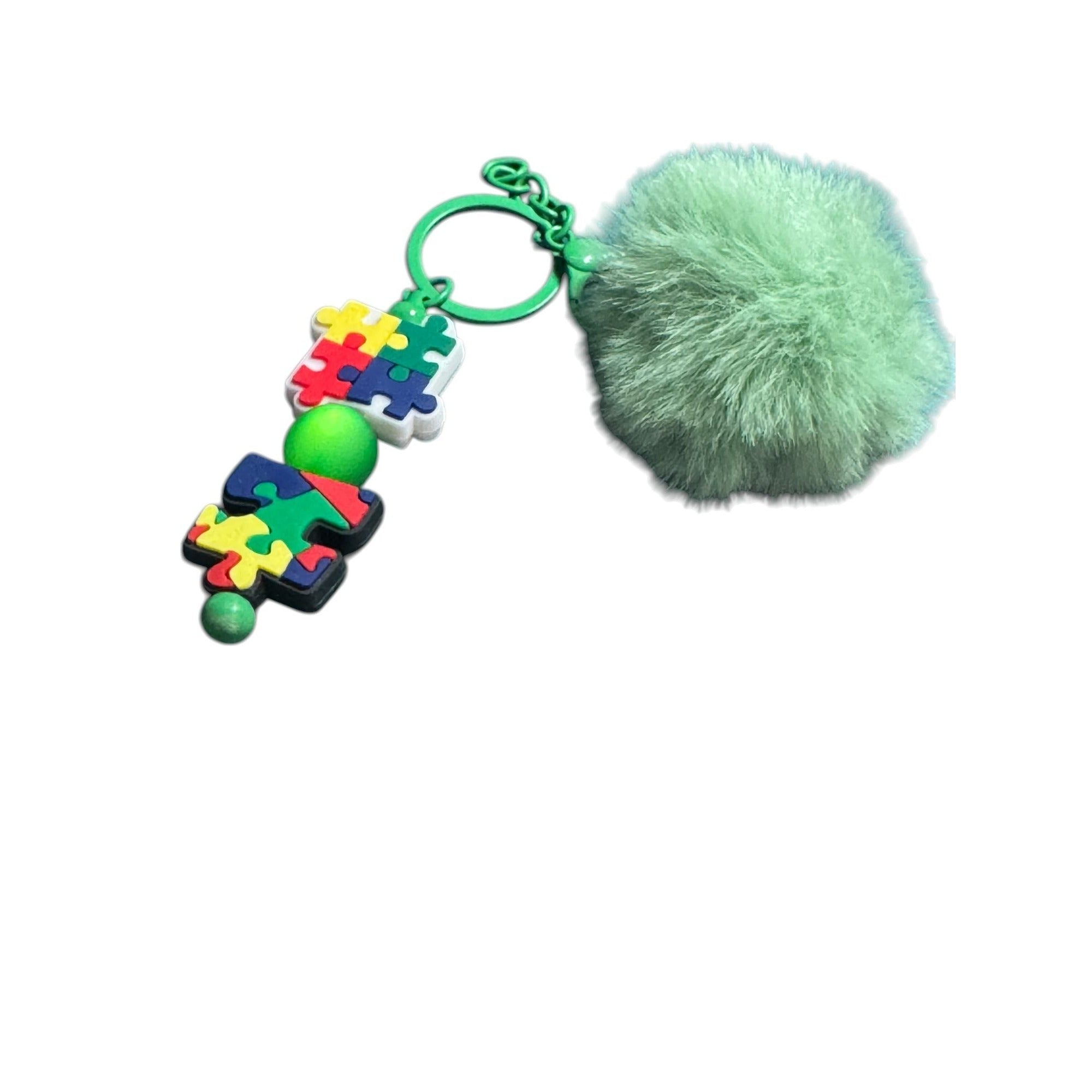 Autism Awareness Keychain With Green Pom Pom & Puzzle Piece Charms Lightweight & Stylish Bag Accessory