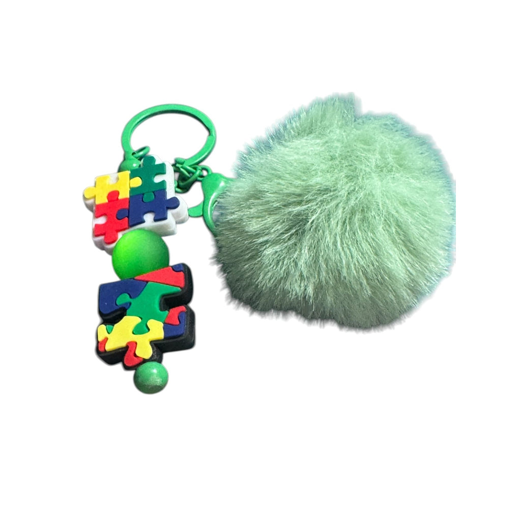 Autism Awareness Keychain With Green Pom Pom & Puzzle Piece Charms Lightweight & Stylish Bag Accessory