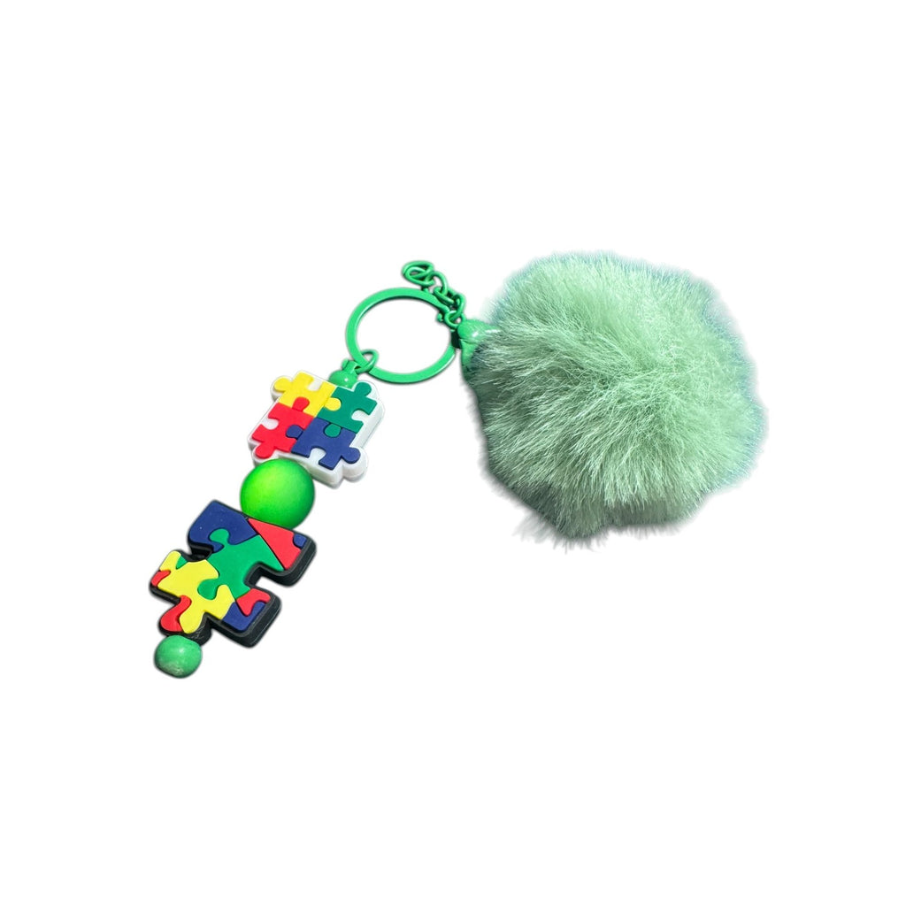 Autism Awareness Keychain With Green Pom Pom & Puzzle Piece Charms Lightweight & Stylish Bag Accessory