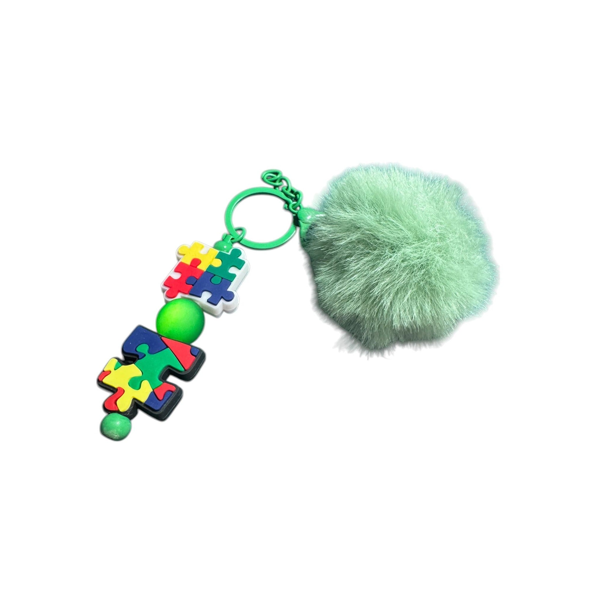 Autism Awareness Keychain With Green Pom Pom & Puzzle Piece Charms Lightweight & Stylish Bag Accessory