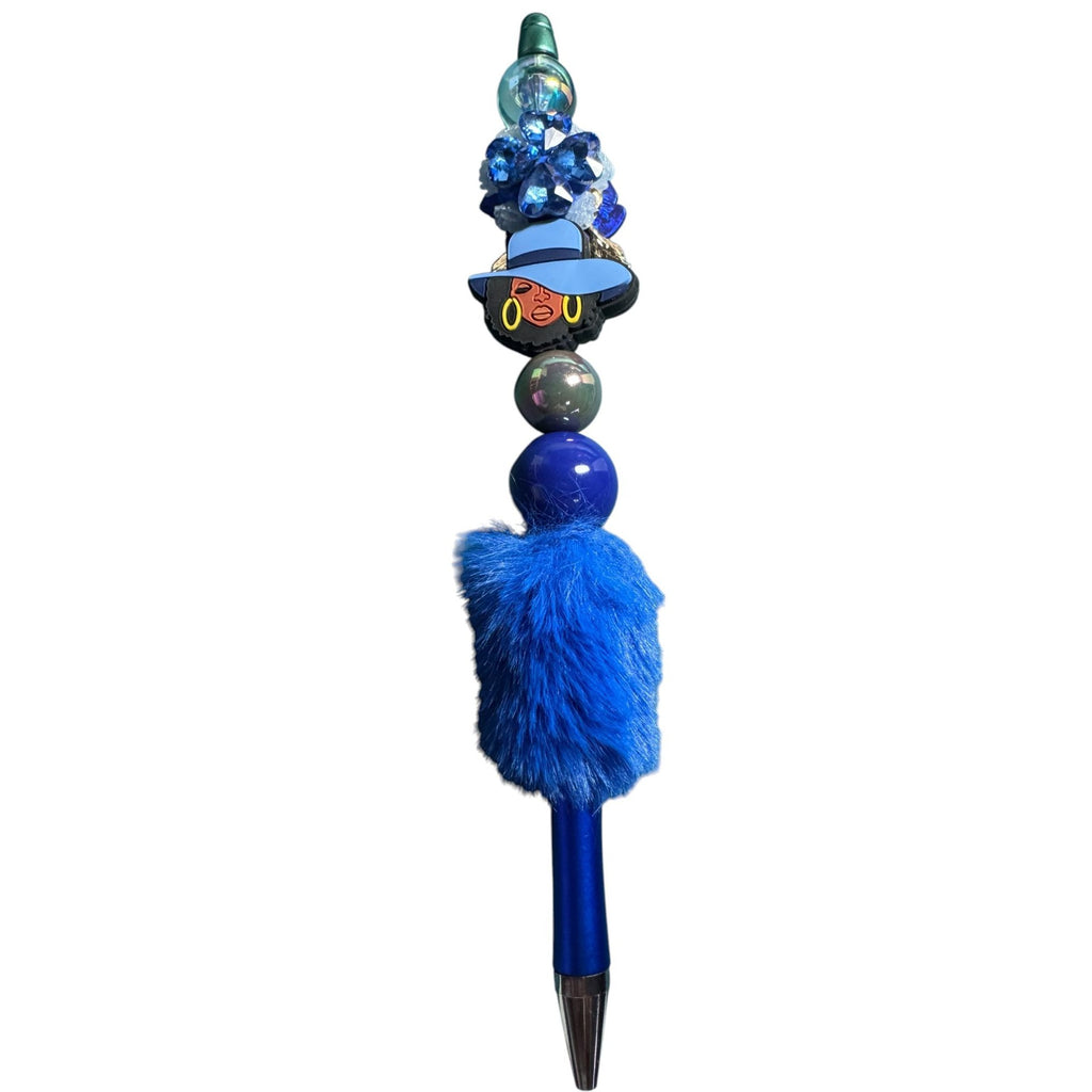 Luxury Blue Beaded Pen With Design Faux Fur Accent & Crystal Embellishments