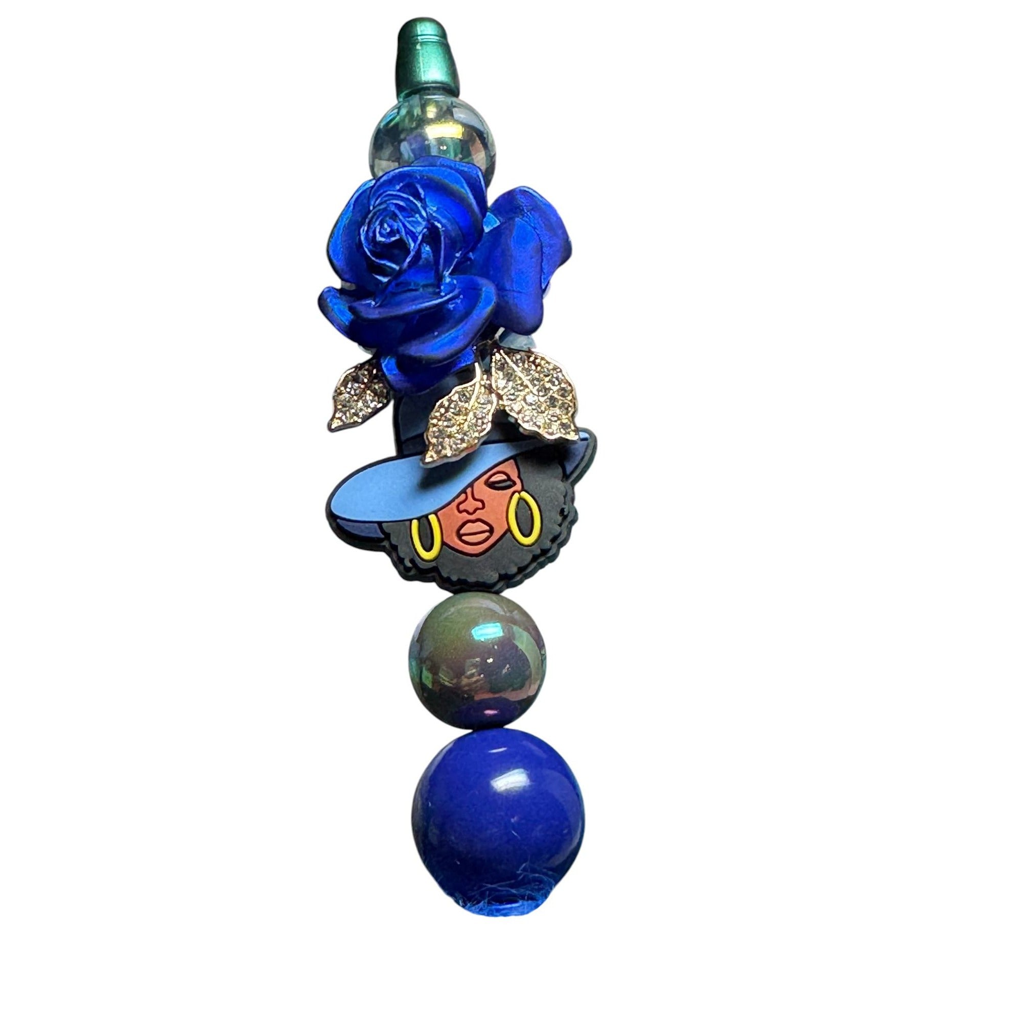 Luxury Blue Beaded Pen With Design Faux Fur Accent & Crystal Embellishments