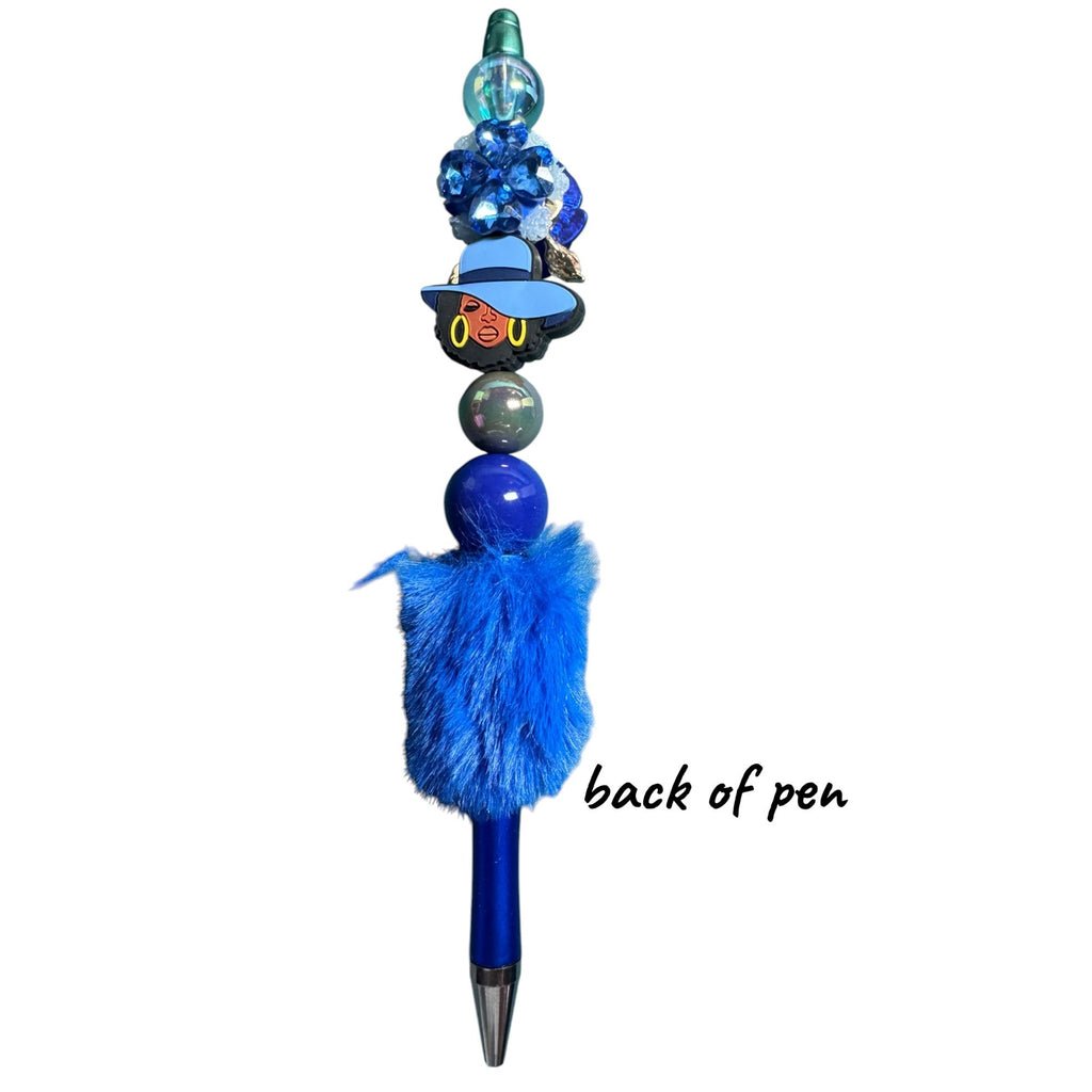 Luxury Blue Beaded Pen With Design Faux Fur Accent & Crystal Embellishments