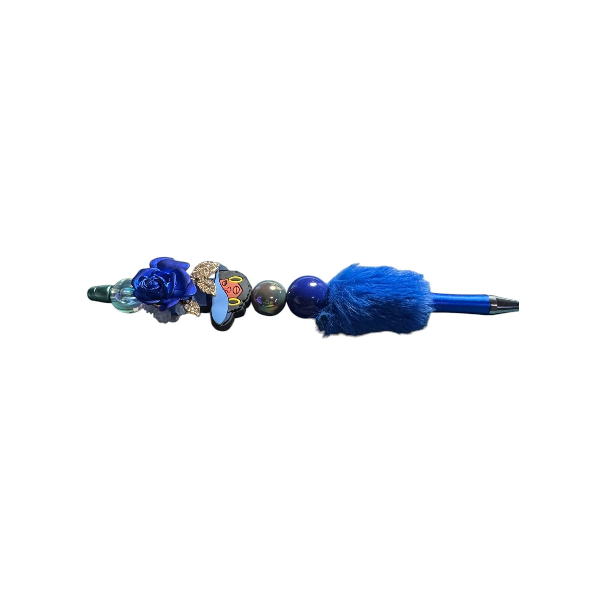 Luxury Blue Beaded Pen With Design Faux Fur Accent & Crystal Embellishments