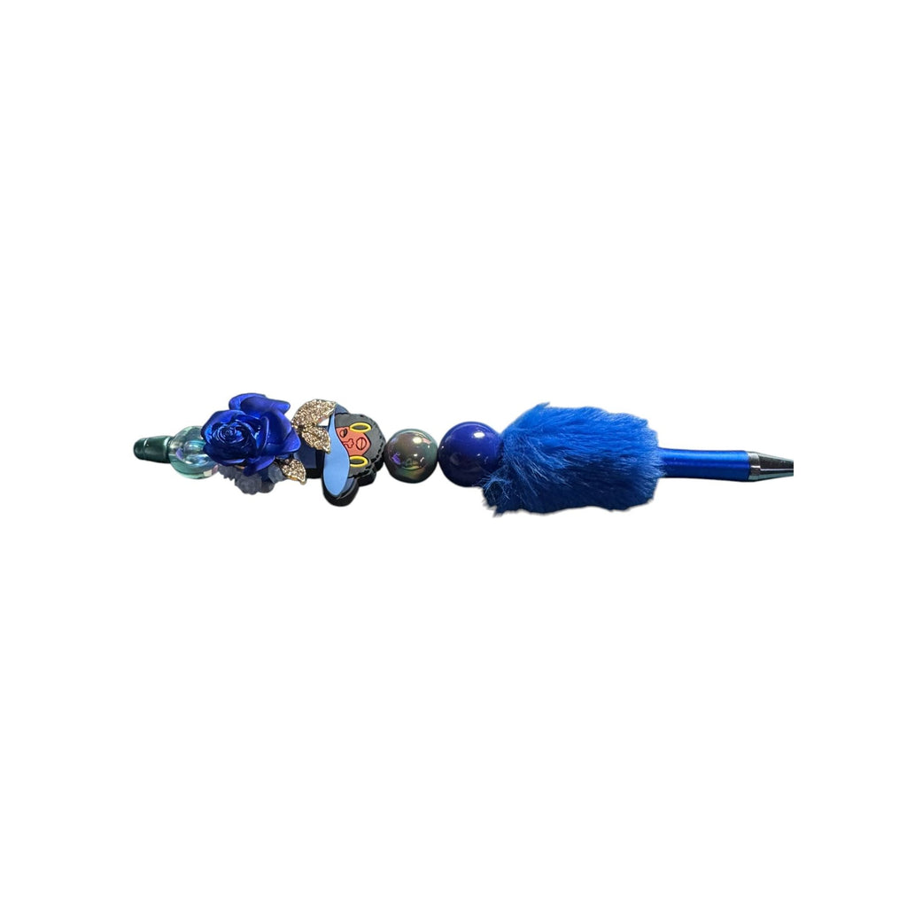 Luxury Blue Beaded Pen With Design Faux Fur Accent & Crystal Embellishments