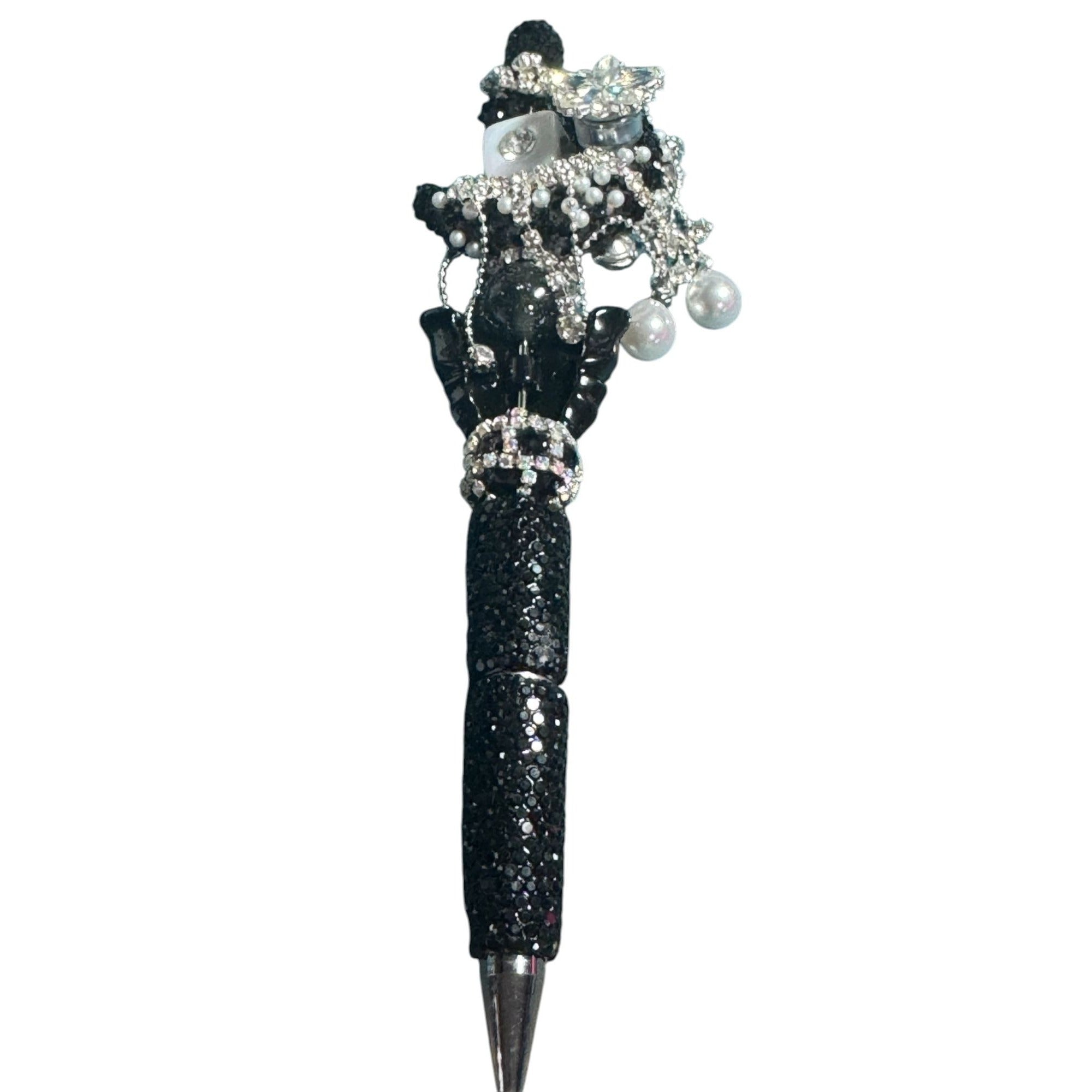 Luxury Crystal Butterfly & Pearl Embellished Black Ballpoint Pen For Elegant Writing & Gifting