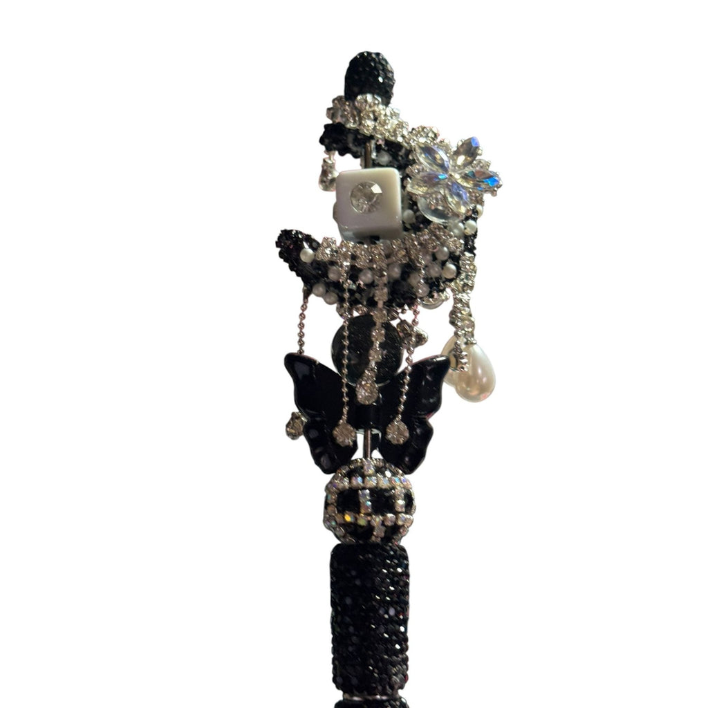 Luxury Crystal Butterfly & Pearl Embellished Black Ballpoint Pen For Elegant Writing & Gifting