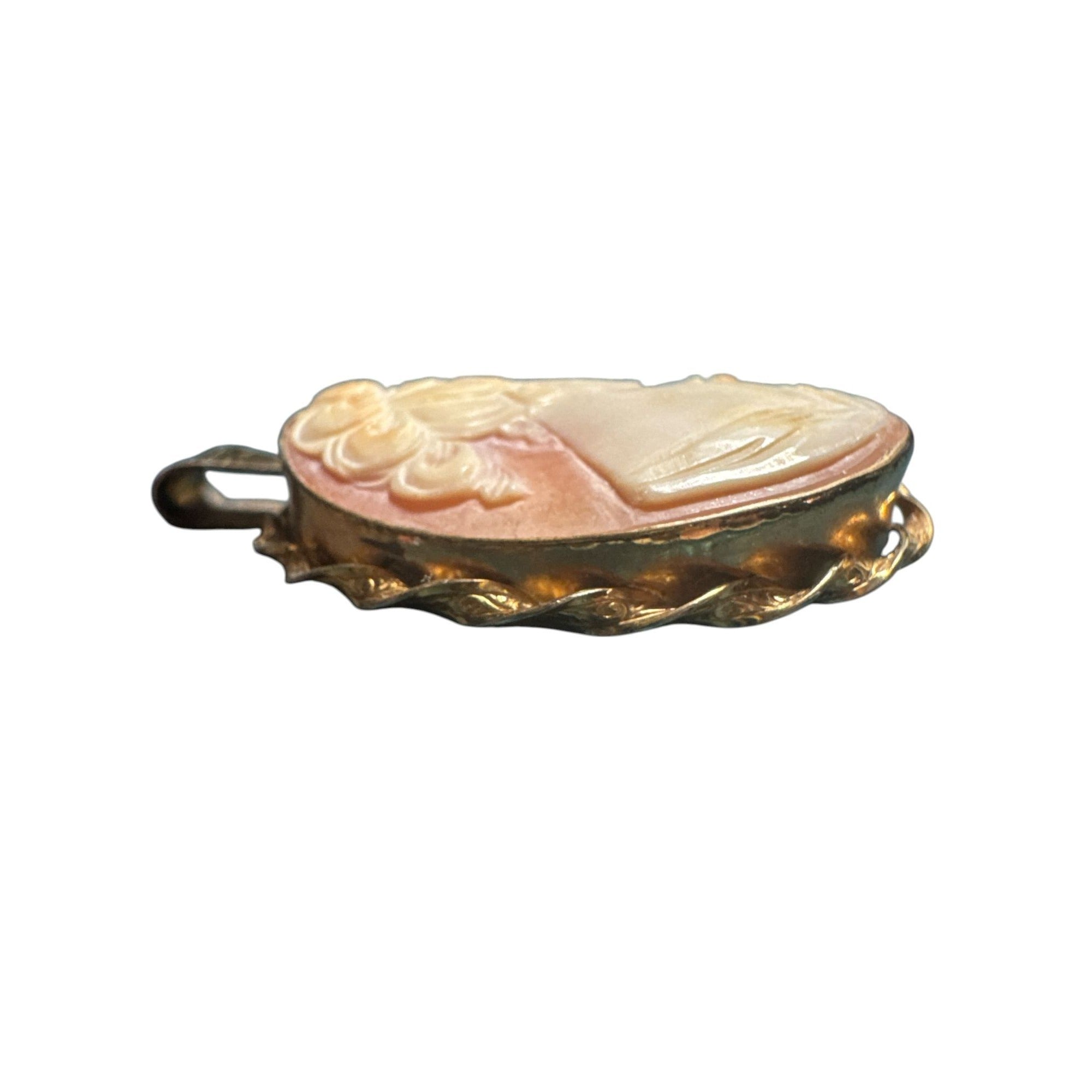 Vintage Van Dell 12k Gold-Filled Shell Cameo Locket Pendant With Hand-Carved Lady Profile Oval Design