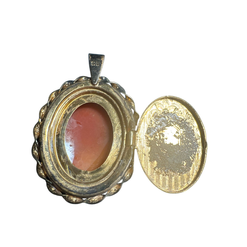 Vintage Van Dell 12k Gold-Filled Shell Cameo Locket Pendant With Hand-Carved Lady Profile Oval Design