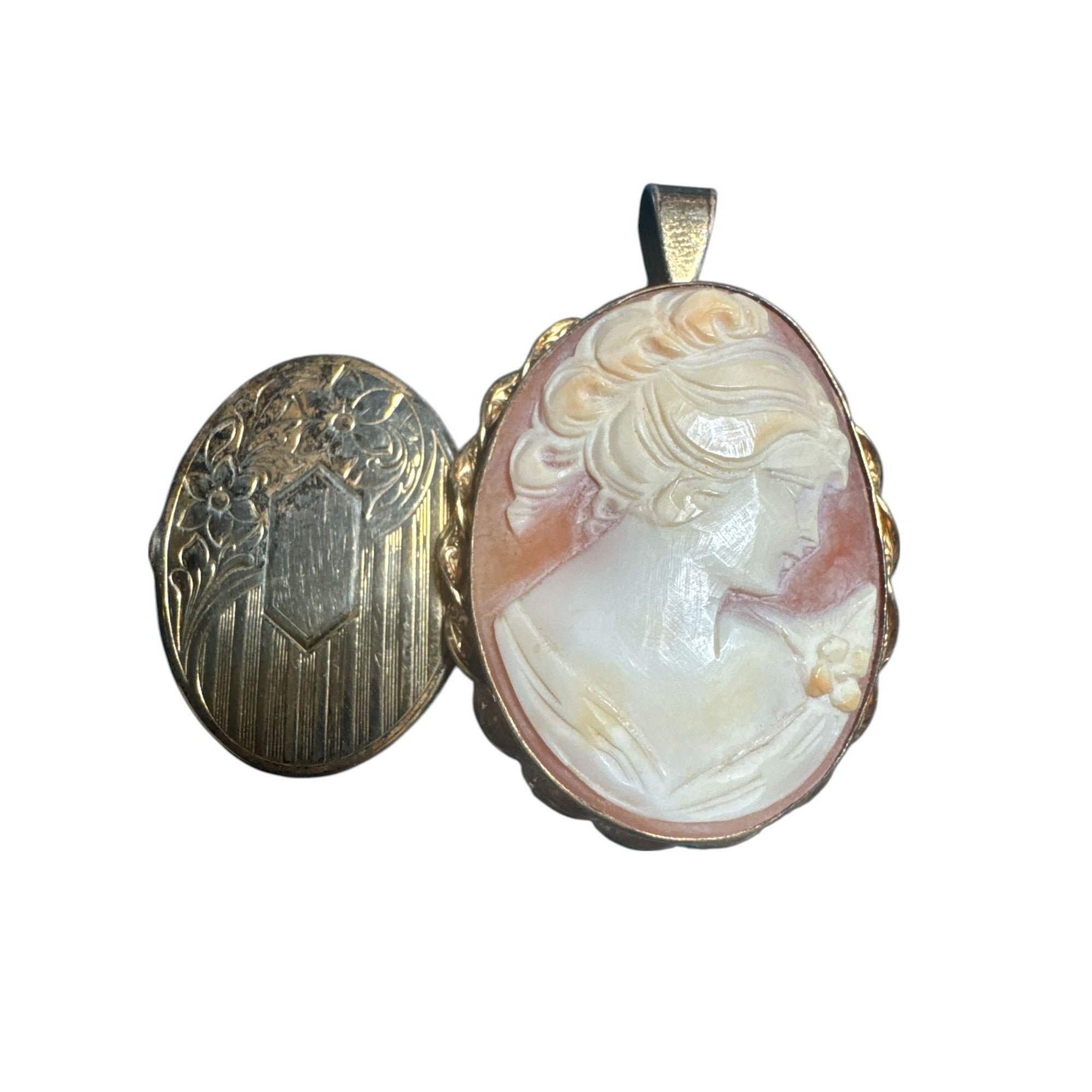 Vintage Van Dell 12k Gold-Filled Shell Cameo Locket Pendant With Hand-Carved Lady Profile Oval Design
