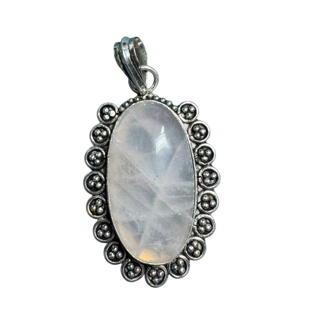 Sterling Silver Oval Moonstone Pendant With Intricate Beaded Border Design