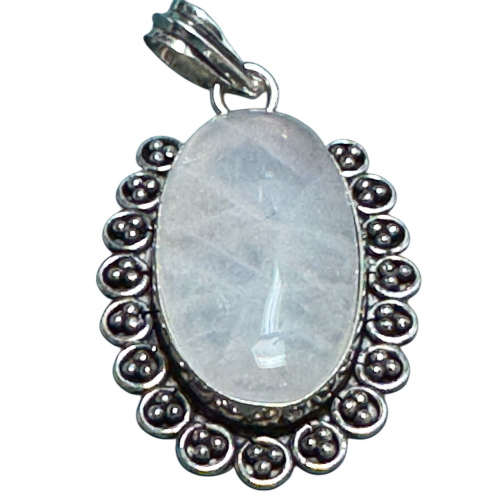 Sterling Silver Oval Moonstone Pendant With Intricate Beaded Border Design