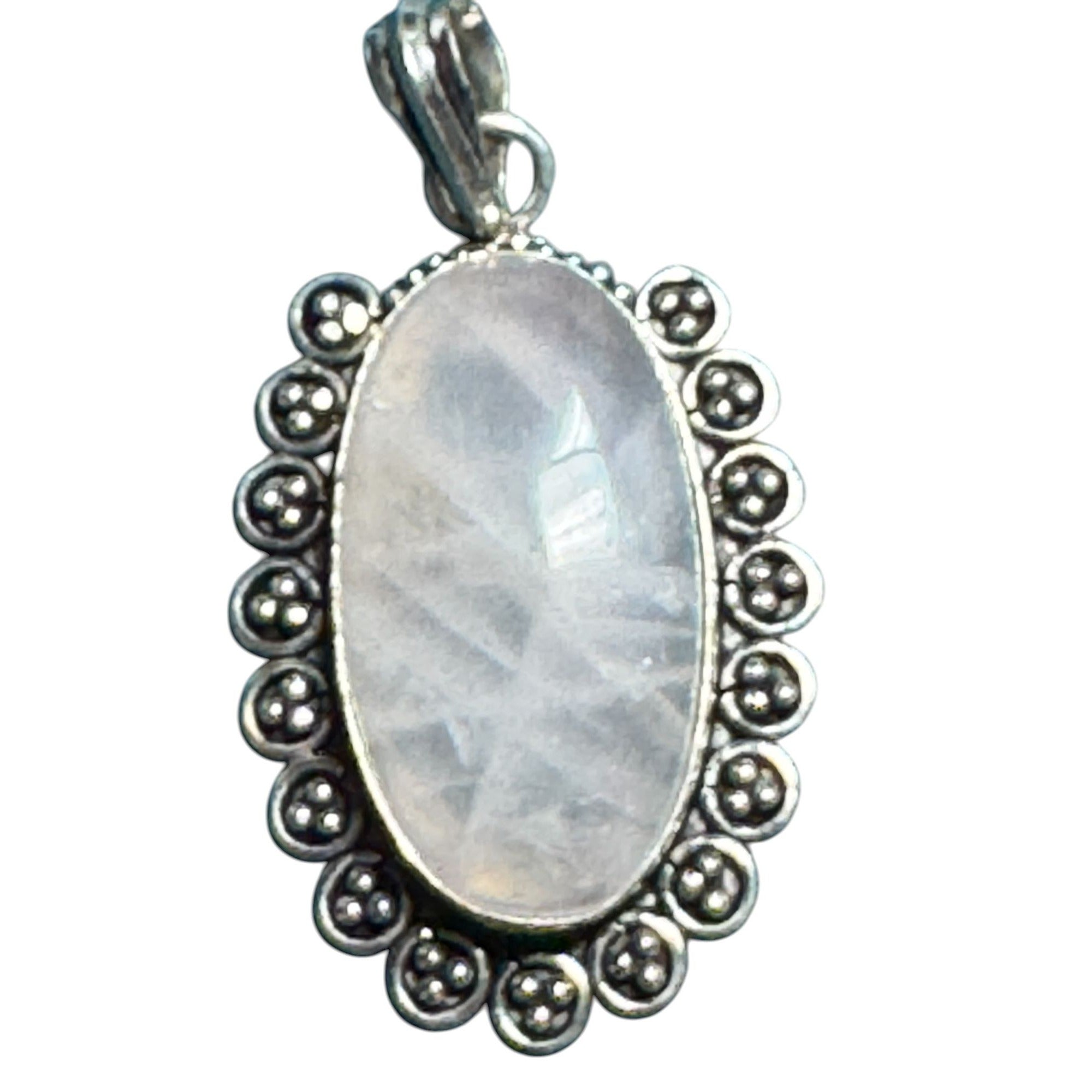Sterling Silver Oval Moonstone Pendant With Intricate Beaded Border Design