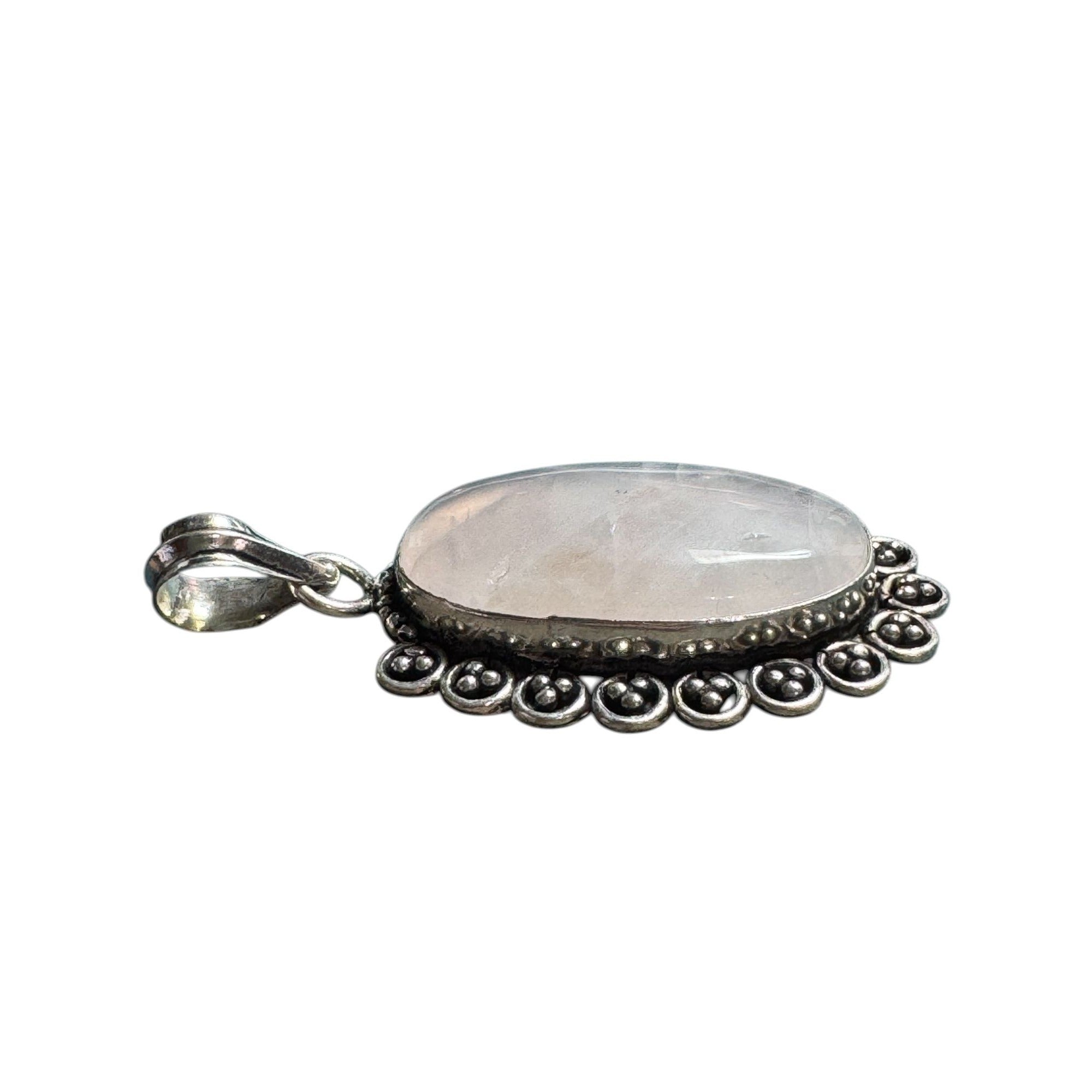 Sterling Silver Oval Moonstone Pendant With Intricate Beaded Border Design