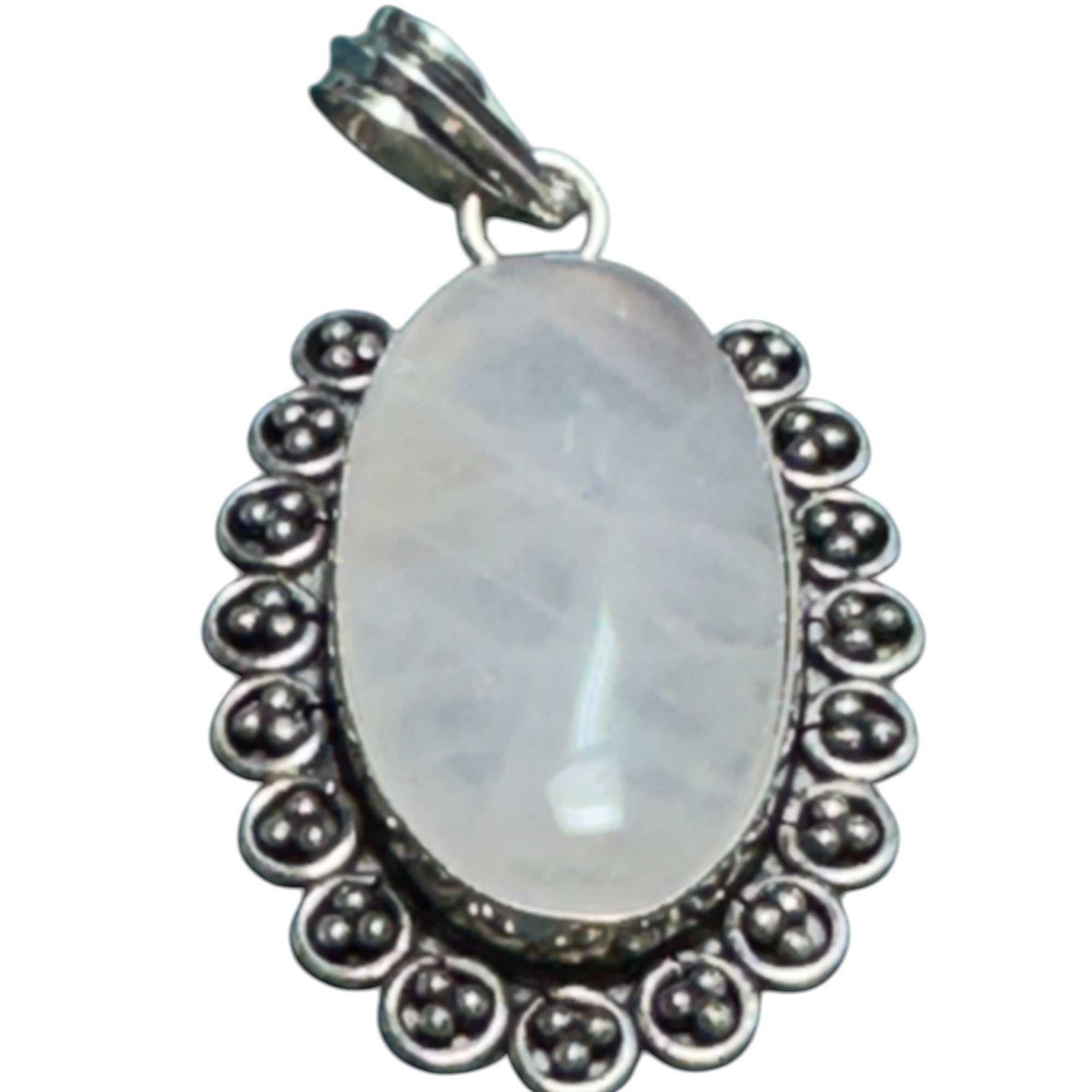 Sterling Silver Oval Moonstone Pendant With Intricate Beaded Border Design