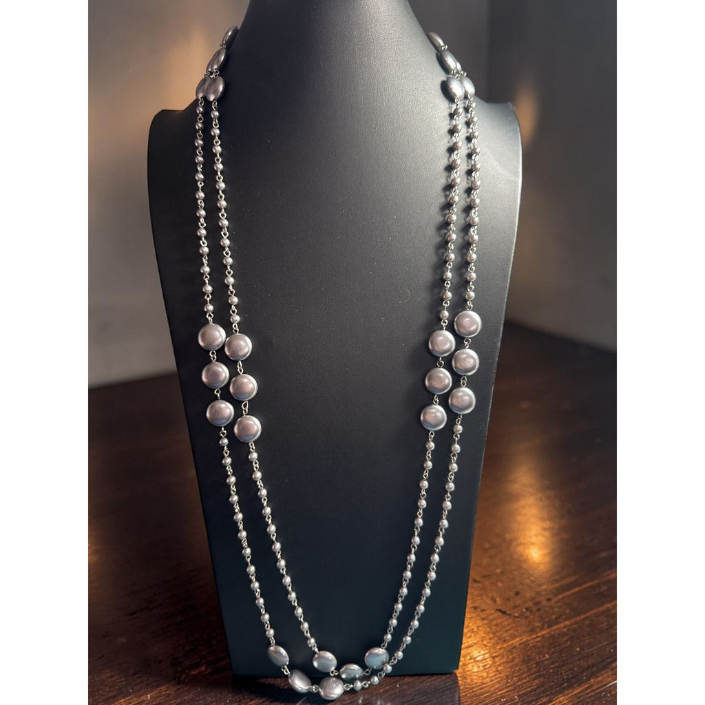 Double Strand Metallic Bead Necklace Gray Lavender Faux Pearls Long Layered Elegant Jewelry