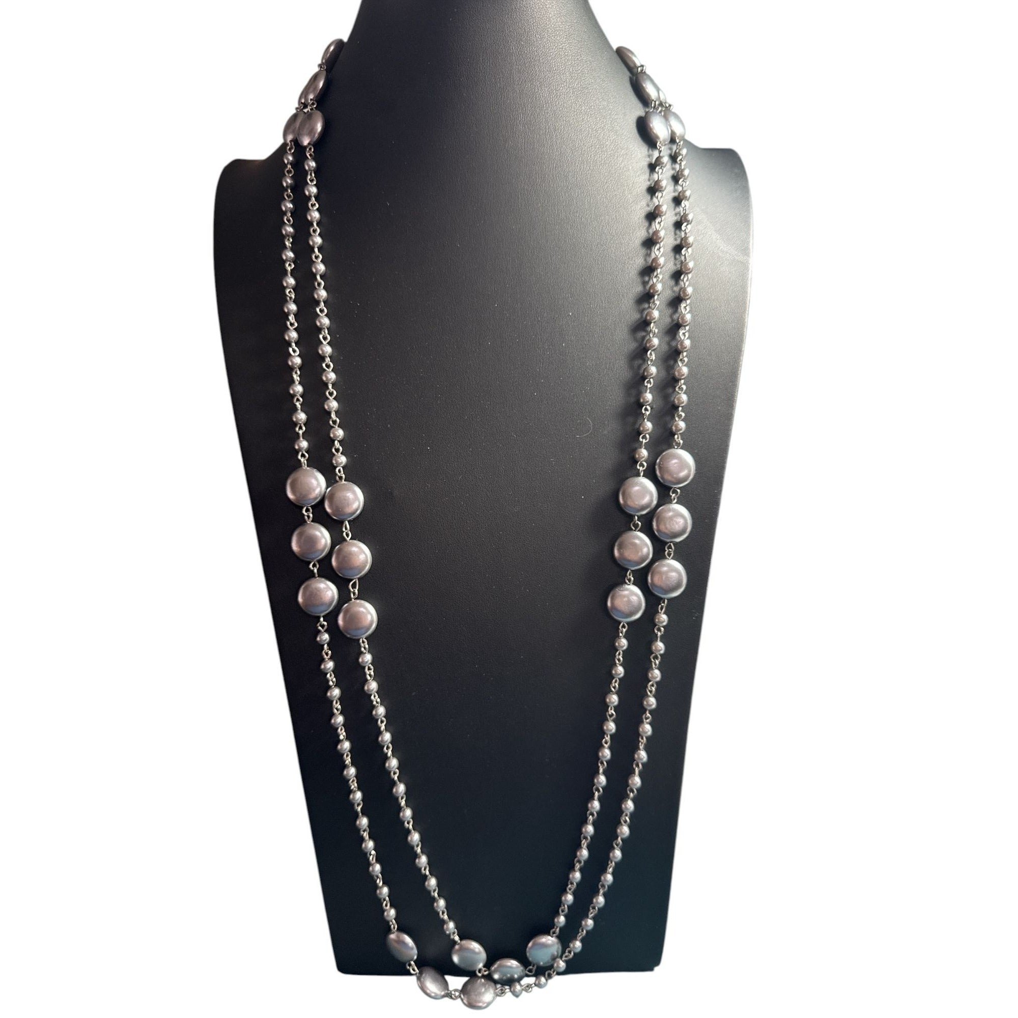 Double Strand Metallic Bead Necklace Gray Lavender Faux Pearls Long Layered Elegant Jewelry