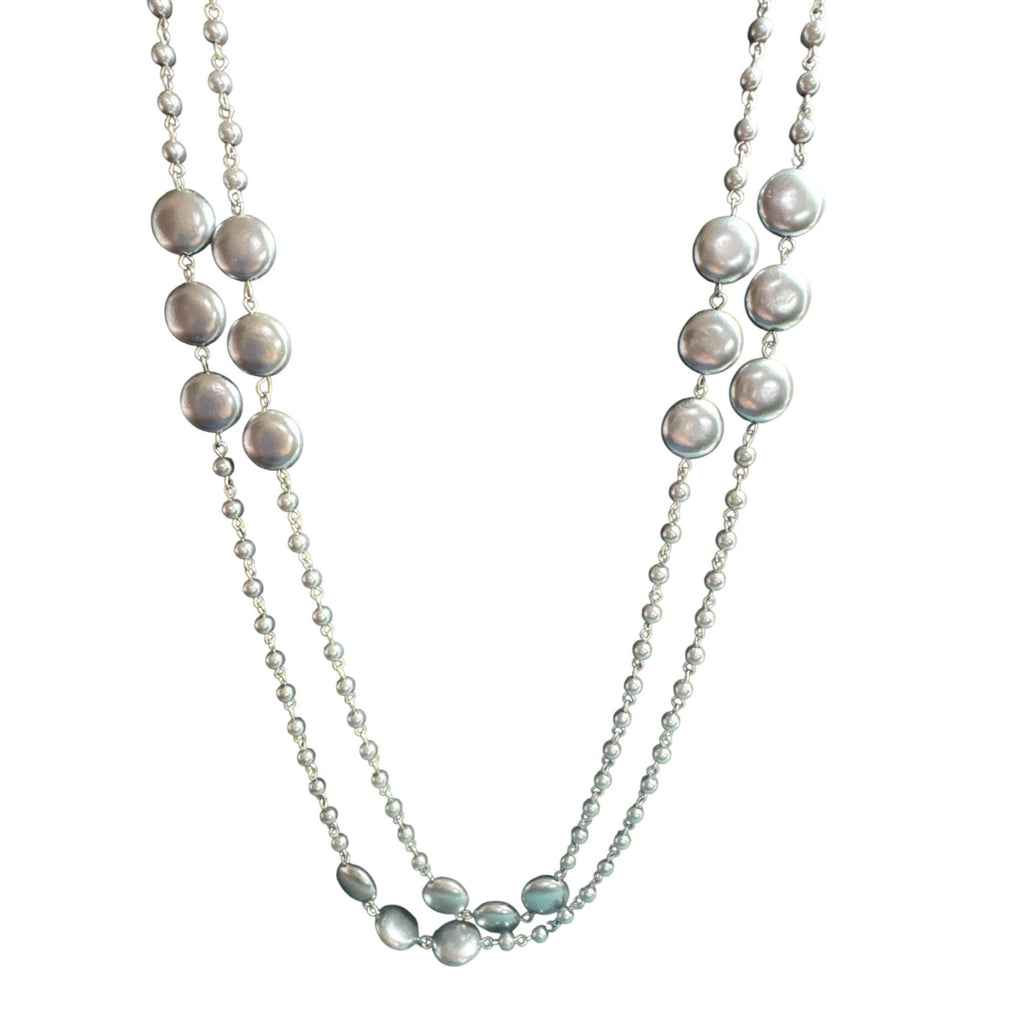 Double Strand Metallic Bead Necklace Gray Lavender Faux Pearls Long Layered Elegant Jewelry
