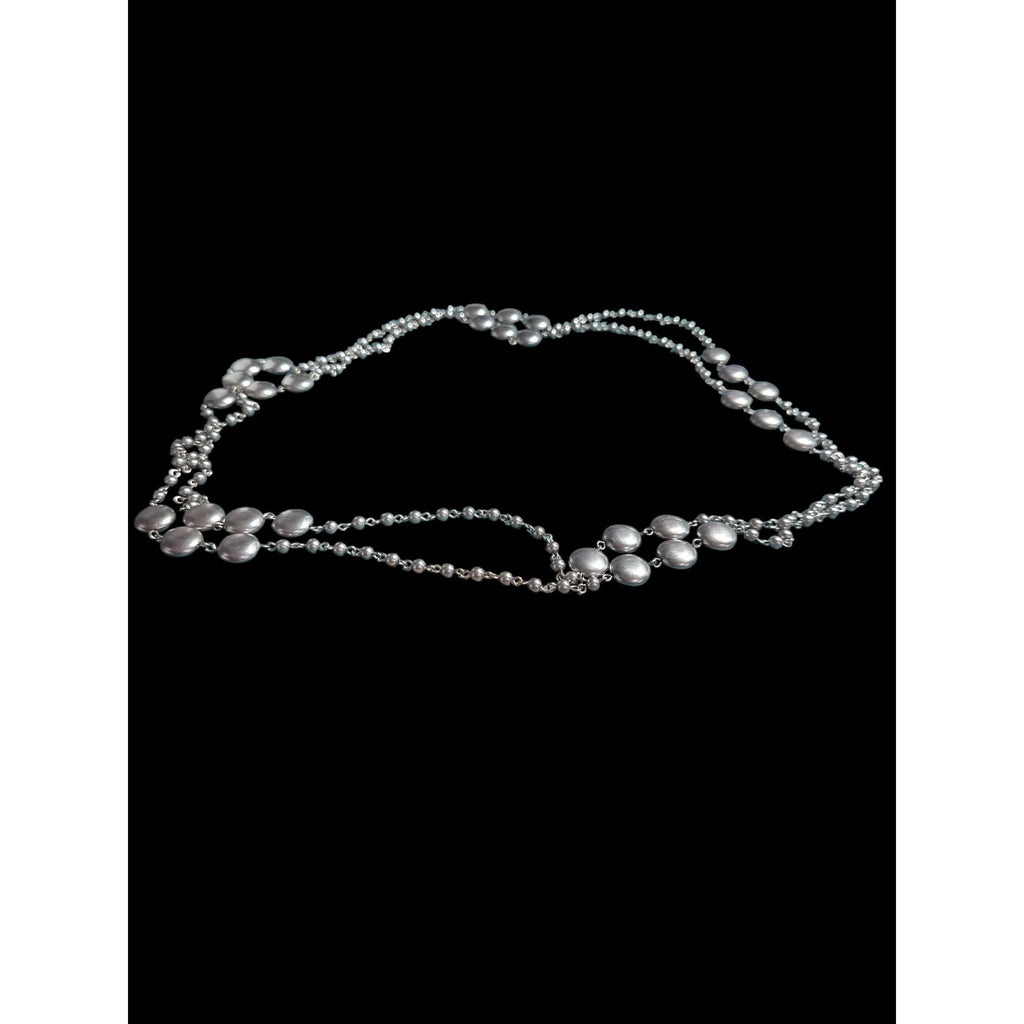 Double Strand Metallic Bead Necklace Gray Lavender Faux Pearls Long Layered Elegant Jewelry