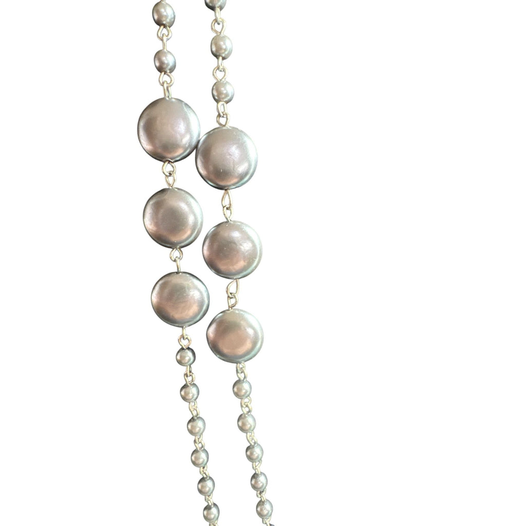 Double Strand Metallic Bead Necklace Gray Lavender Faux Pearls Long Layered Elegant Jewelry