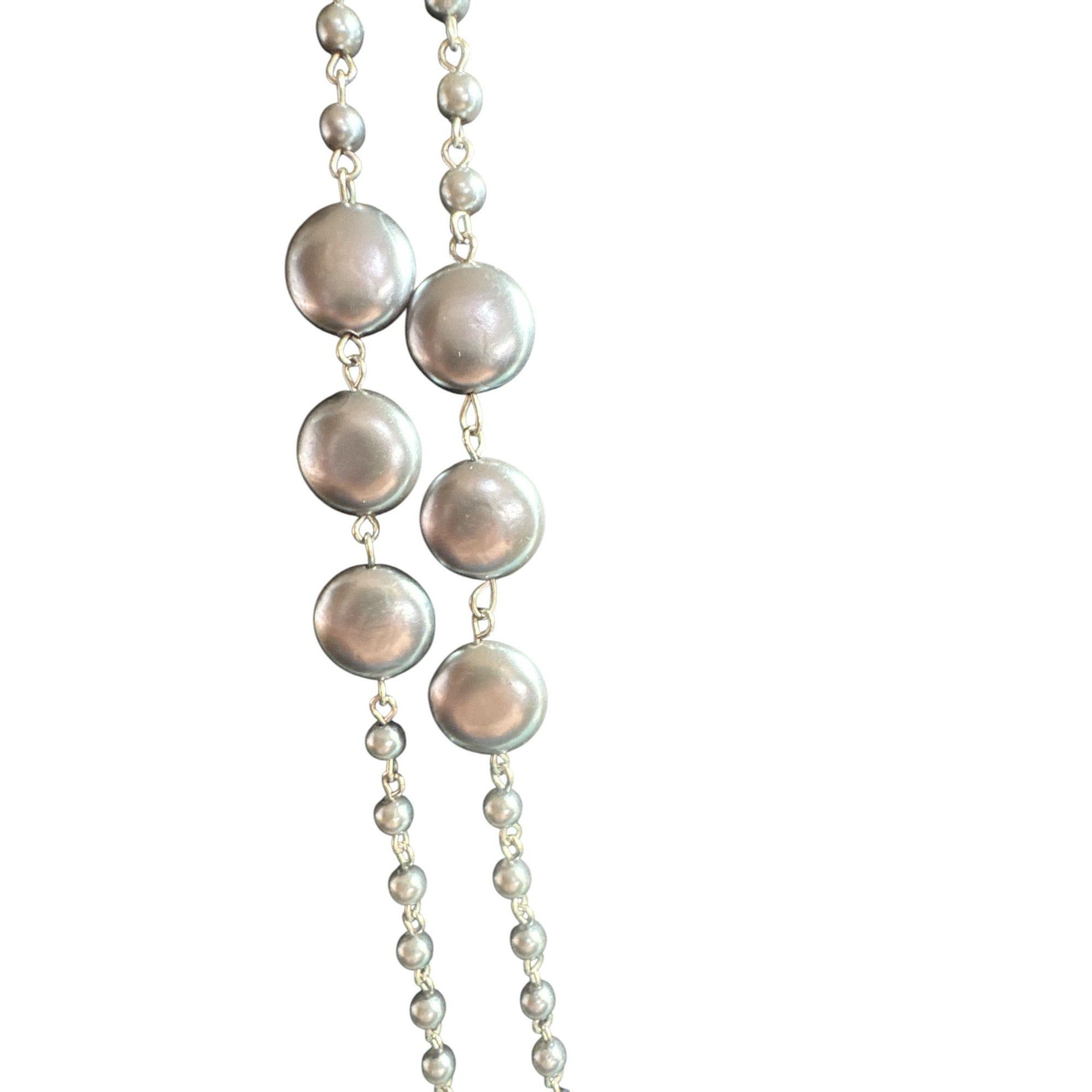 Double Strand Metallic Bead Necklace Gray Lavender Faux Pearls Long Layered Elegant Jewelry