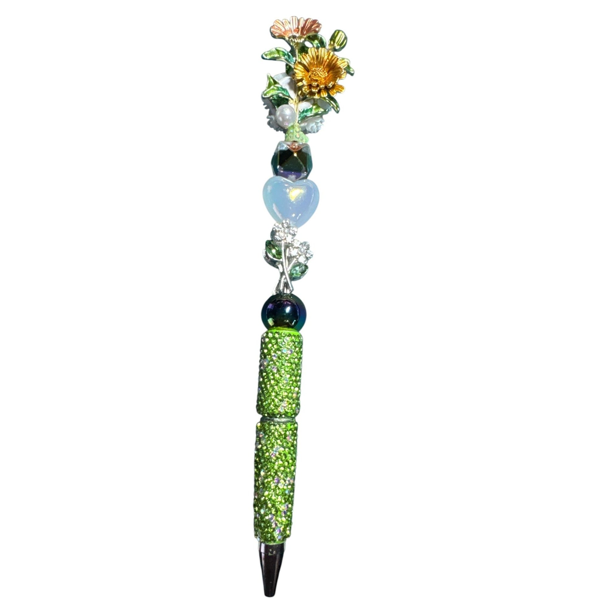 Floral-Inspired Decorative Ballpoint Pen With Rhinestones & Beaded Design Green & Gold Unique Writing Accessory