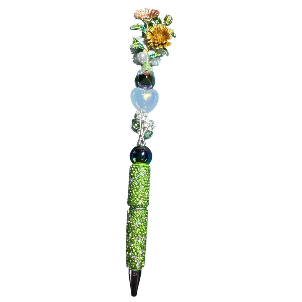Floral-Inspired Decorative Ballpoint Pen With Rhinestones & Beaded Design Green & Gold Unique Writing Accessory